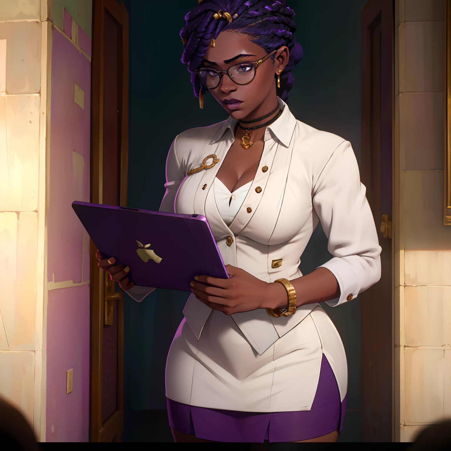 "A stunning African woman with a white formal shirt, a short mini skirt, and a captivating display of cleavage. She wears reading glasses and has a stylish purple braided Afro hairstyle. Completing her look, she holds a ipad."
