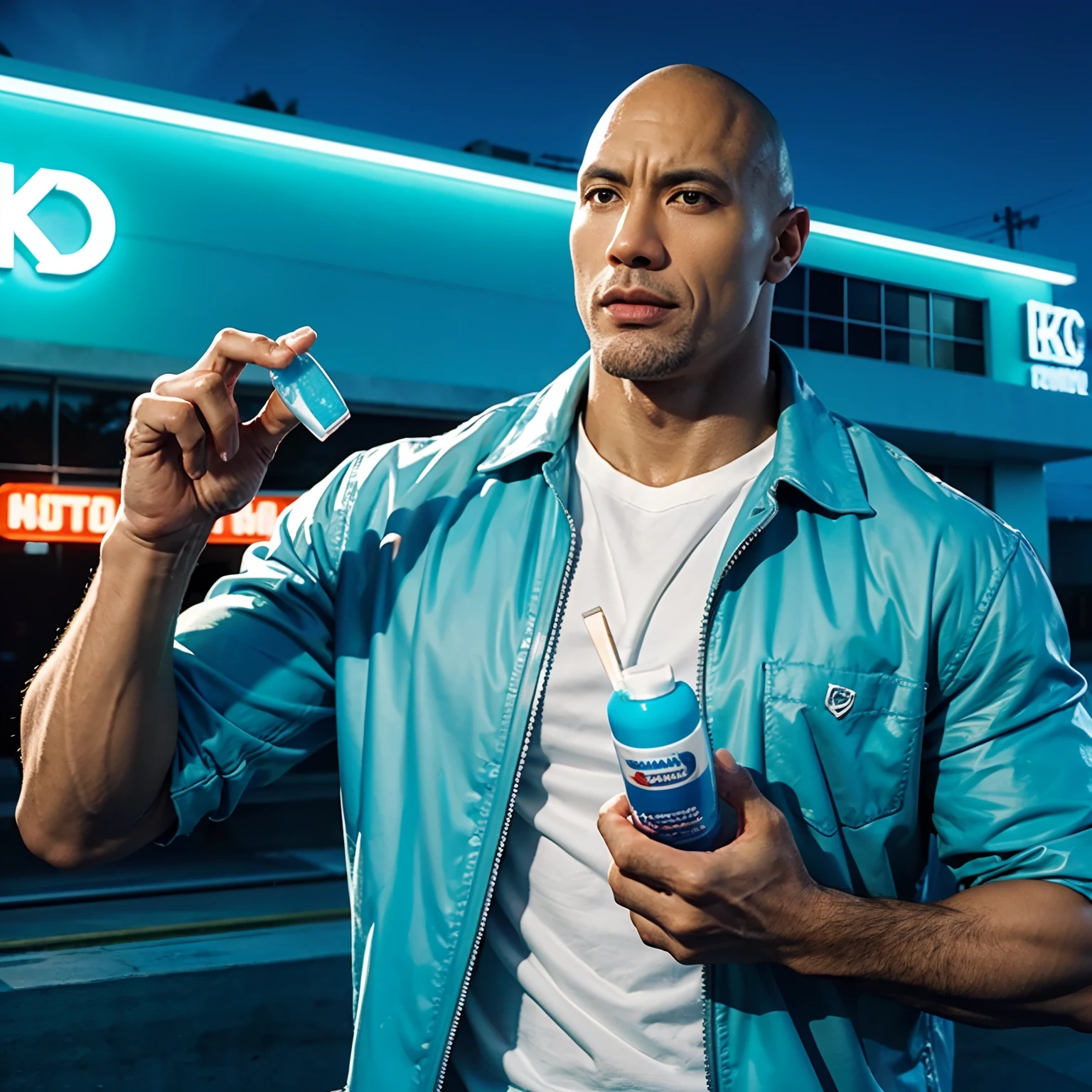 The Rock holding a toothbrush & a mouthwash in hand, infront of a dental hospital, miami vibe,bright color, detailed, movie lighting, branding, 4k, hyper realistic