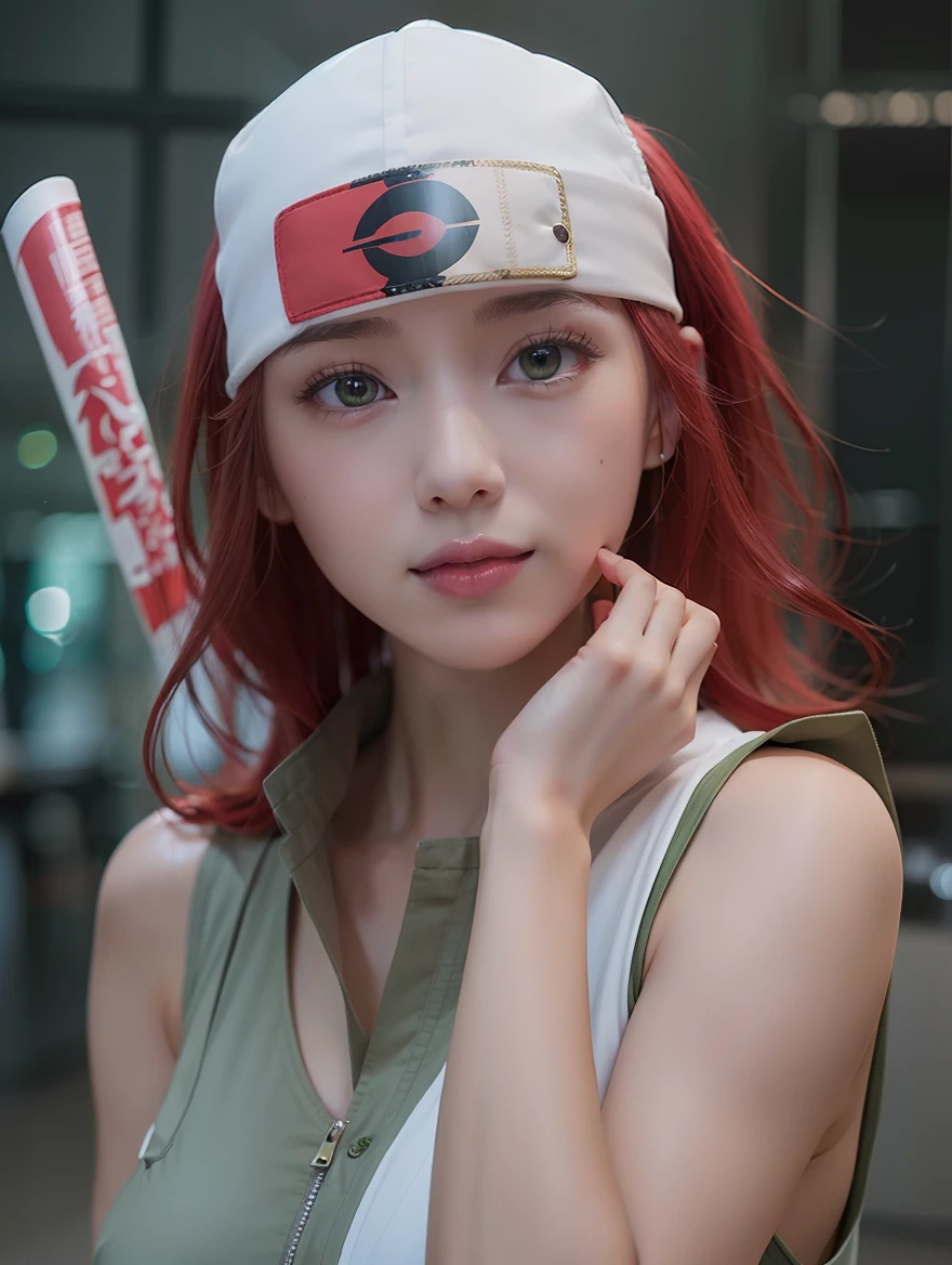 1girl, karui in anime naruto, long hair, sexy dress, red hair, yellow eyes, smile, beautiful, white and green clothes, very big breast, sexy clothes, realistic clothes, detail clothes, indoor background, ultra detail, realistic