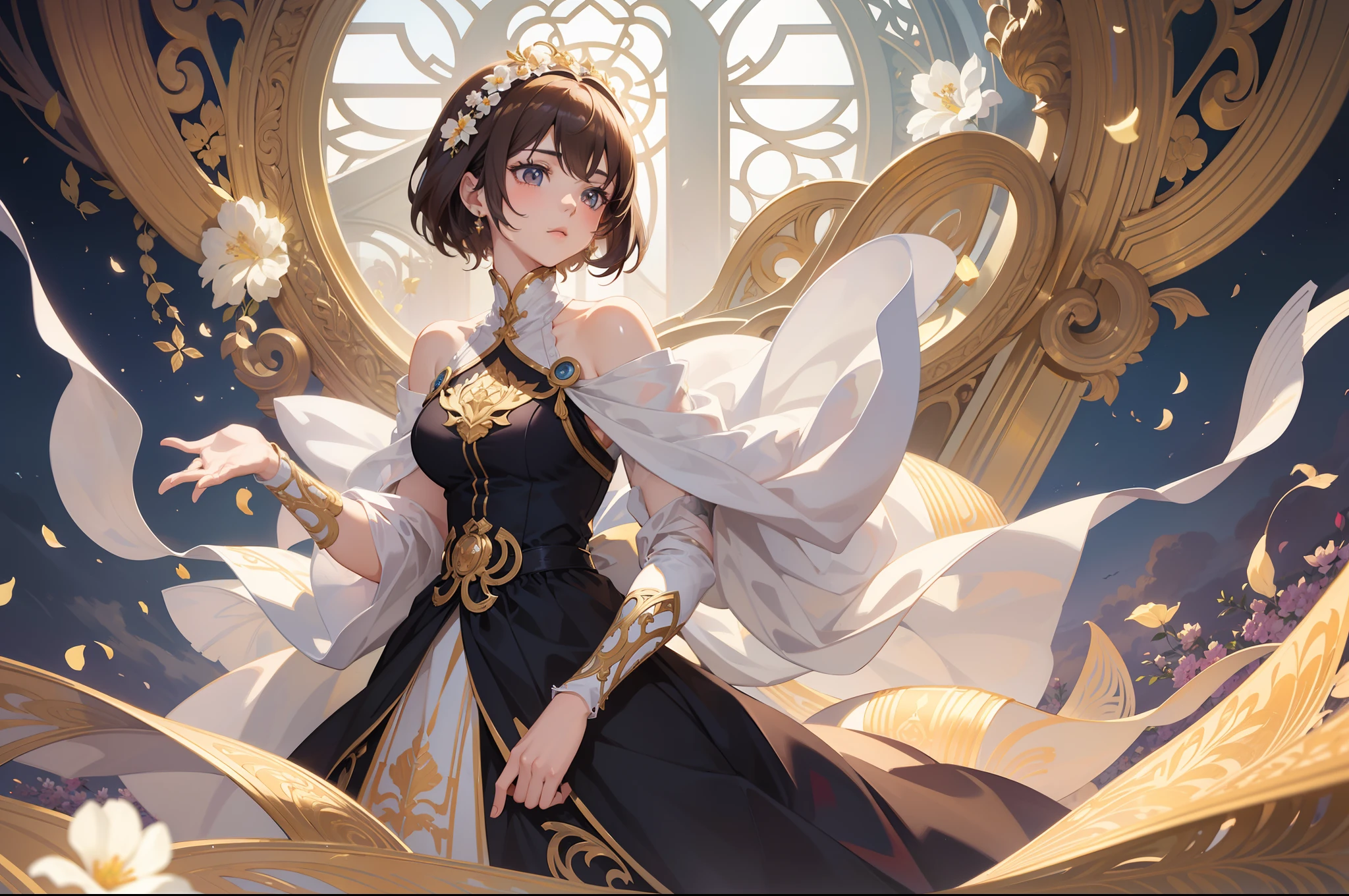 Official Art, Masterpiece European female face, short hair, lightbrown hair , brown eyes , Flower Frame ,Decorative panel , jugendstil , (​masterpiece、top-quality、hight resolution: 1.4),in 8K, Drawing of a woman with short lightbrown hair, Anime Art Nouveau, highly detailed exquisite fanart, anime fantasy illustration, clean detailed anime art, detailed anime art, Sharp Focus, Delicate Beautiful Hair and Eyes and Face, realisitic, ultra-detailliert, a beauty girl,