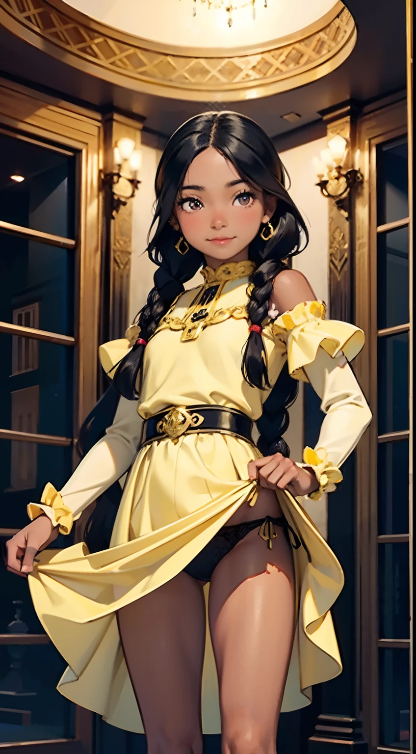1girl,,smile,beautiful face,detailed, black young princess sisters with hair braids and almond shaped eyes, dark brown skin, full body wearing yellow princess dress, 8k, high quality, high resolution, 4k, hd,(well designed body), amazing body, (super detailed), beautiful eyes, cartoon,(gorgeous and luxurious palace:1.3),short skart,show off panties,(lift skart)