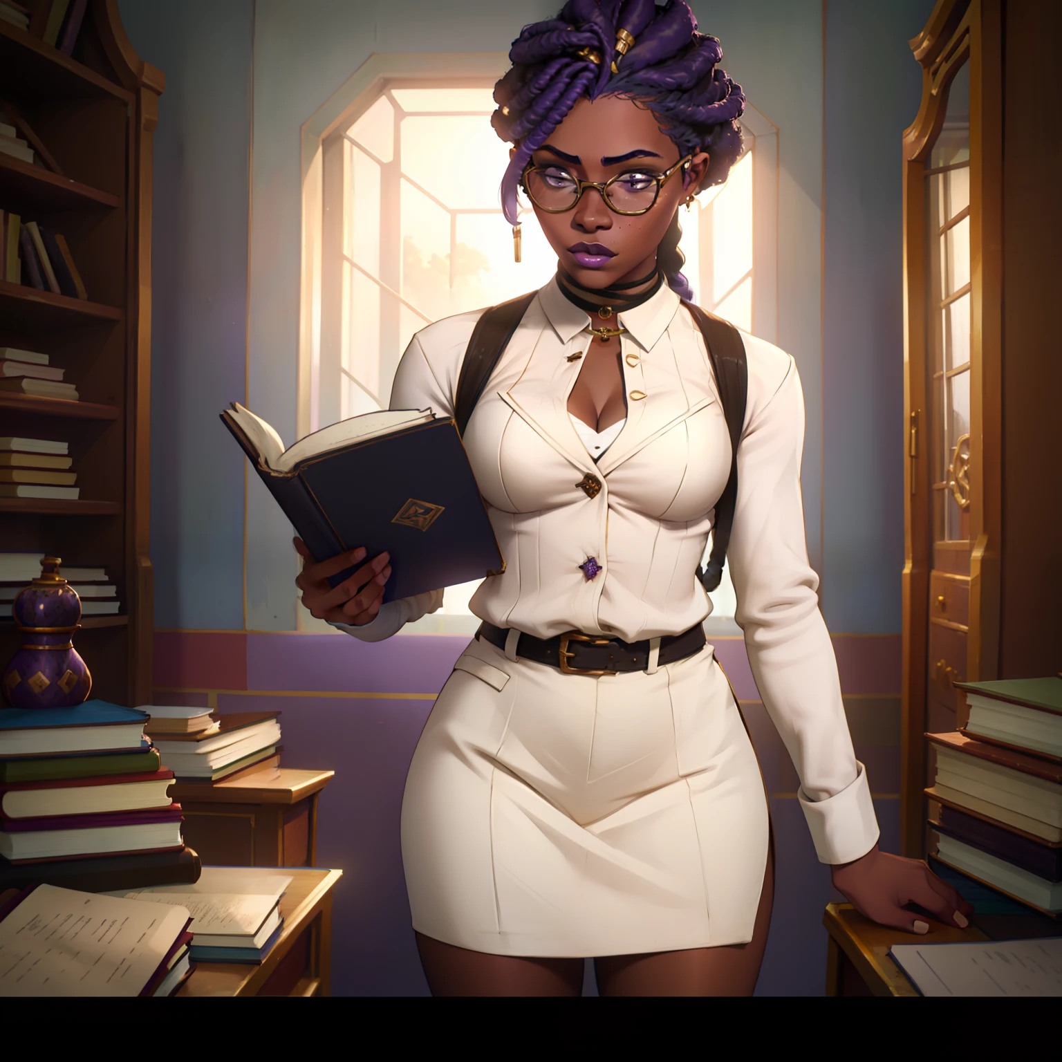 ((1girl)), 60 year old woman, short grey hair, small breasts, thin hips, glasses, choker collar, wrist bracelets, nude, naked, pubic hair, standing, dramatic pose, open door, open window, book store, bookcases, books, dramatic lighting, cinematic lighting, masterpiece, best quality