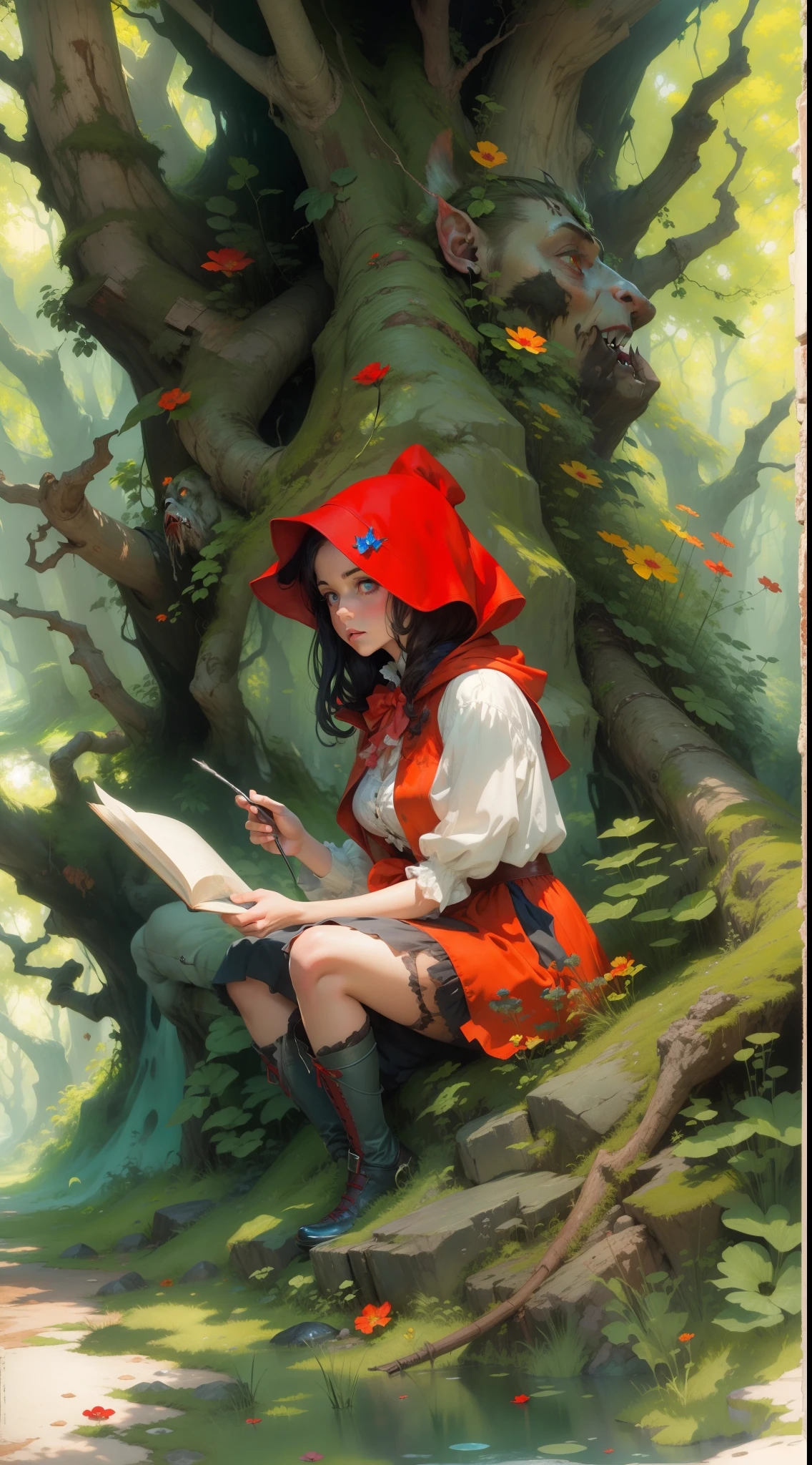 Epic splash art, alcohol ink, Little Red Riding Hood, in Transylvania, perfect anatomy, dark hair horror art, moss, rosses, masterpiece, by Andromeda👻, curtness overload, artbook masterpiece, extremely detailed, complex composition, fantasy, wide angle, glowing, colorful painting, rich color, 16k, HDR, octane render, Arthur Rackham, Dr. Seuss, Norman Rockwell, concept art