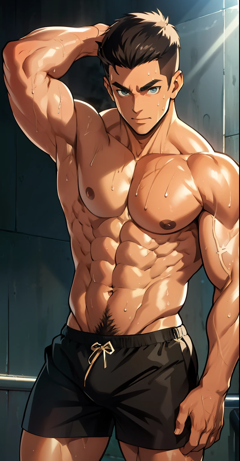 (straight photo) (highest quality photo) boy, beardless, cute young face, royal, wearing tight triangle panties, short black panties revealing huge muscular thighs ,shorts bulging in the middle due to genitals , cute young face , hairstyle with bangs , huge muscular chest muscles , big strong thighs and sinewy muscles , muscular arm muscles roll , huge body , topless , rosy skin , super shiny skin , dripping sweat , 1 hand scratching head , direct sunlight