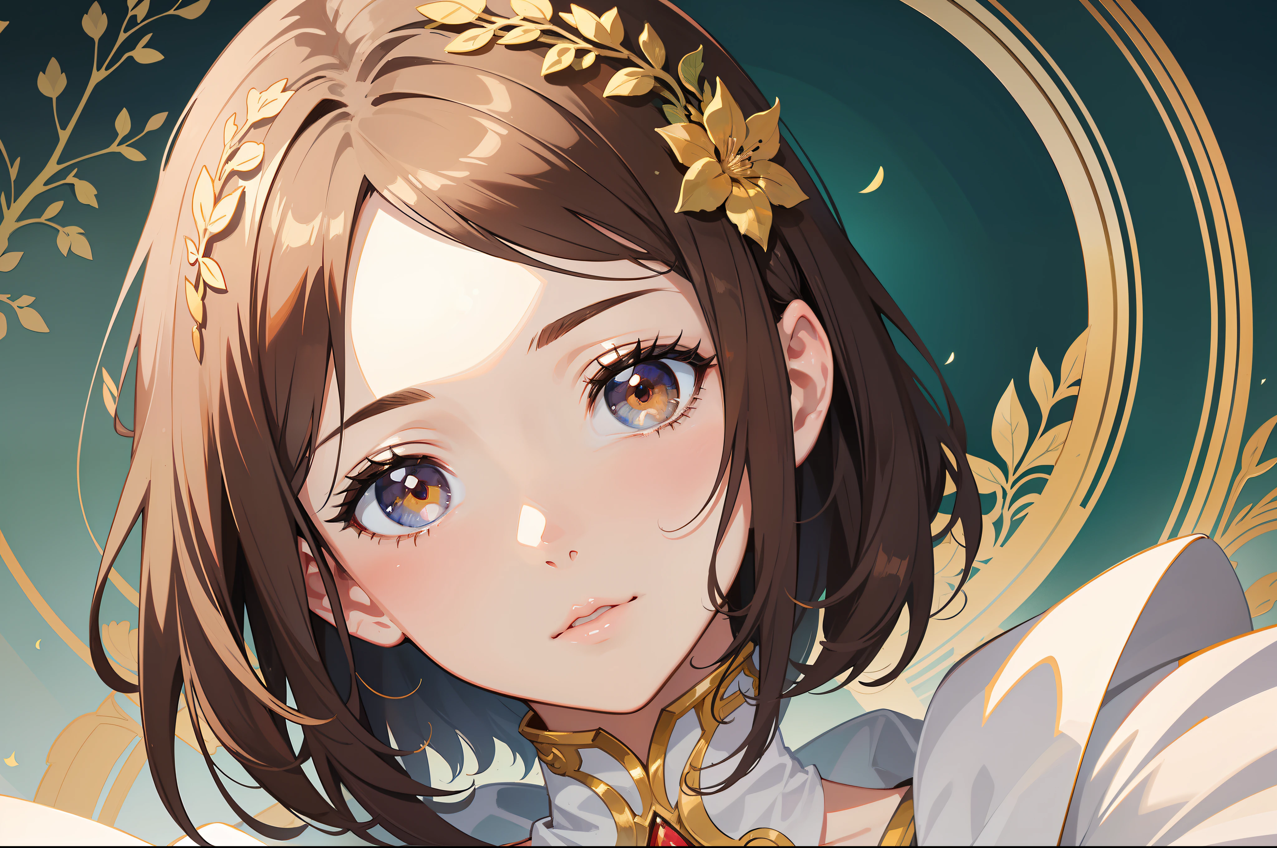 Official Art, Masterpiece European female face, short hair, lightbrown hair , brown eyes , Flower Frame ,Decorative panel , jugendstil , (masterpiece、top-quality、hight resolution: 1.4),in 8K, Drawing of a woman with short lightbrown hair, Anime Art Nouveau, highly detailed exquisite fanart, anime fantasy illustration, clean detailed anime art, detailed anime art, Sharp Focus, Delicate Beautiful Hair and Eyes and Face, realisitic, ultra-detailliert, a beauty girl,