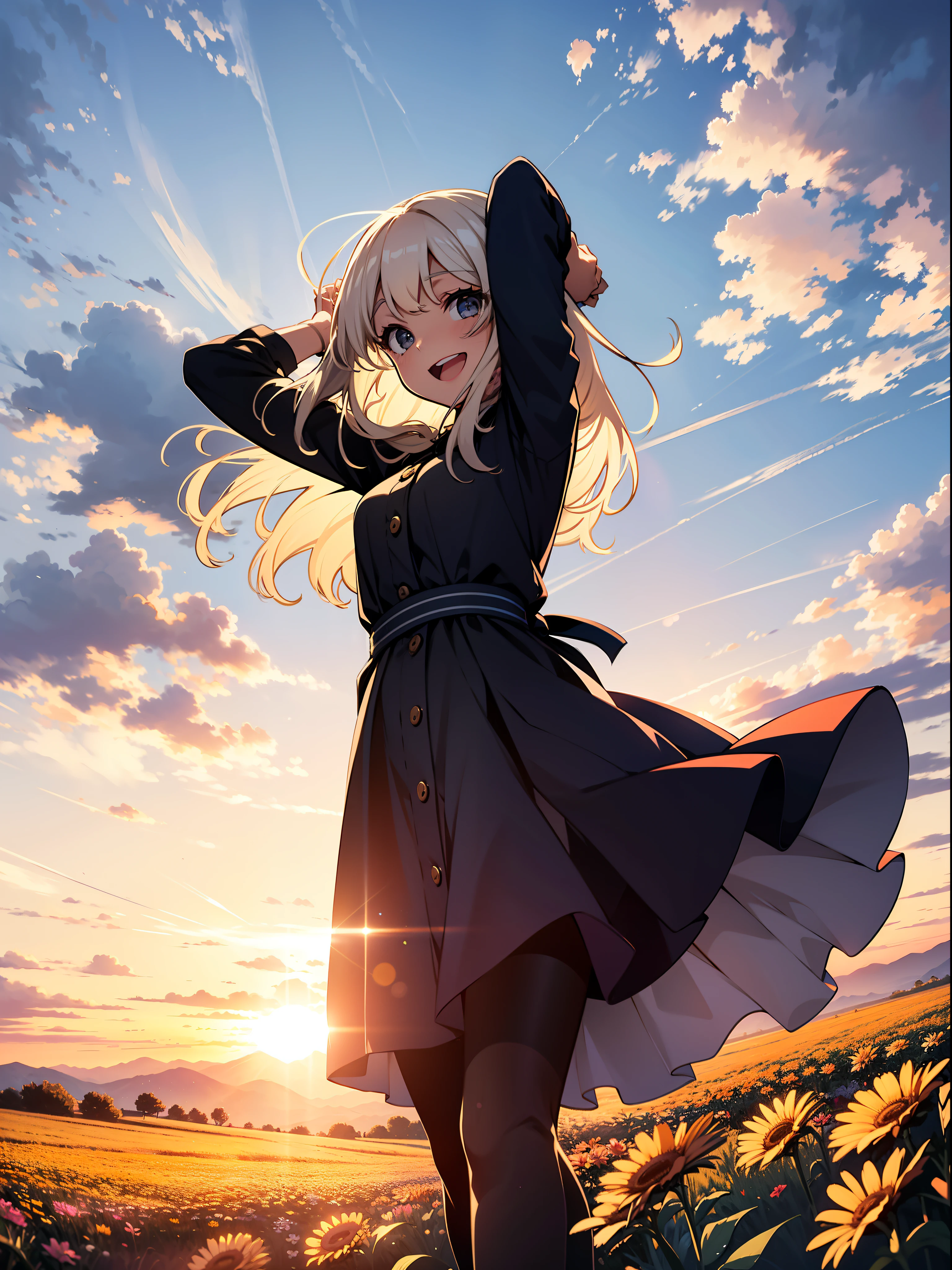 A joyous girl in the middle of a very big flower field, jumping with her hands above her head while watching the sun go down over the horizon. Her back is towards the camera. She is looking at sunset. It's evening due to which the upper sky is bluish. Faraway shot. 2d.