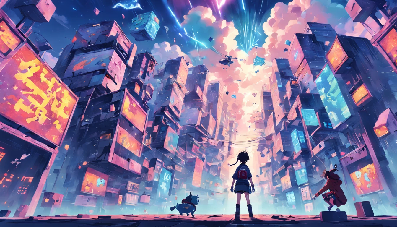 A Facebook page cover with a gamer style that brims with creativity, depicting a surreal virtual world where classic and modern game characters coexist, bouncing between floating buildings and clouds made of pixels, cores vibrantes e contrastantes criando um ambiente hipnotizante, Arte Digital, Advanced illustration software with gluing and overlay techniques, --ar 16:9 --v 5