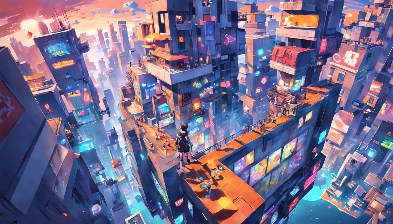 A Facebook page cover with a gamer style that brims with creativity, depicting a surreal virtual world where classic and modern game characters coexist, bouncing between floating buildings and clouds made of pixels, cores vibrantes e contrastantes criando um ambiente hipnotizante, Arte Digital, Advanced illustration software with gluing and overlay techniques, --ar 16:9 --v 5