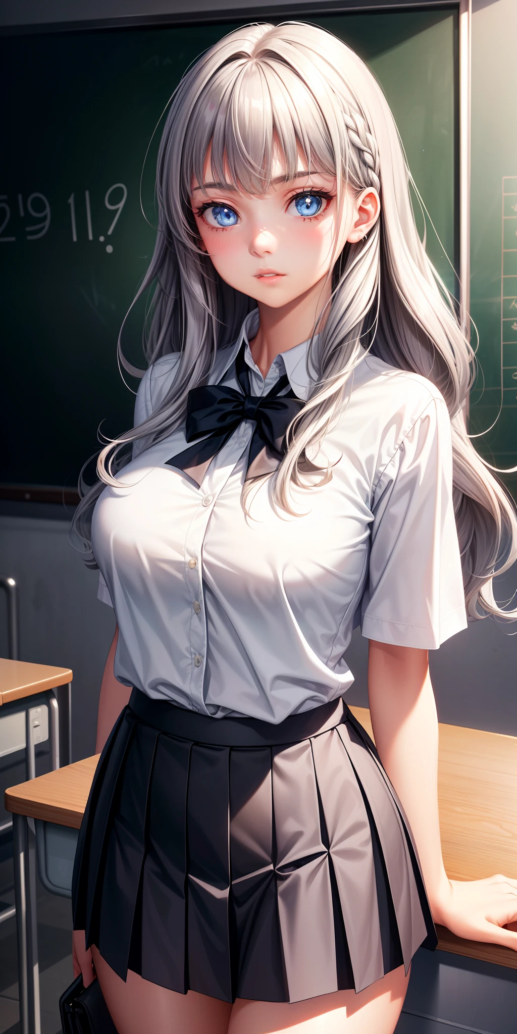 big breasts, ((1 girl)), ((gray hair, long wavy hair with bangs)) (((1 girl, solo))) )) ((19 years old)) blue eyes, has an extremely sexy body, with full breasts and thin waist, and an extremely sexy body, stylish school uniform a little open in the breasts, pleated low-cut skirt with delicate fabric, has a bold look. young, quality, realistic, great quality, ((((perfect face)))) cute expression, soft lips, calm expression, absent-minded, school, classroom, in front of blackboard