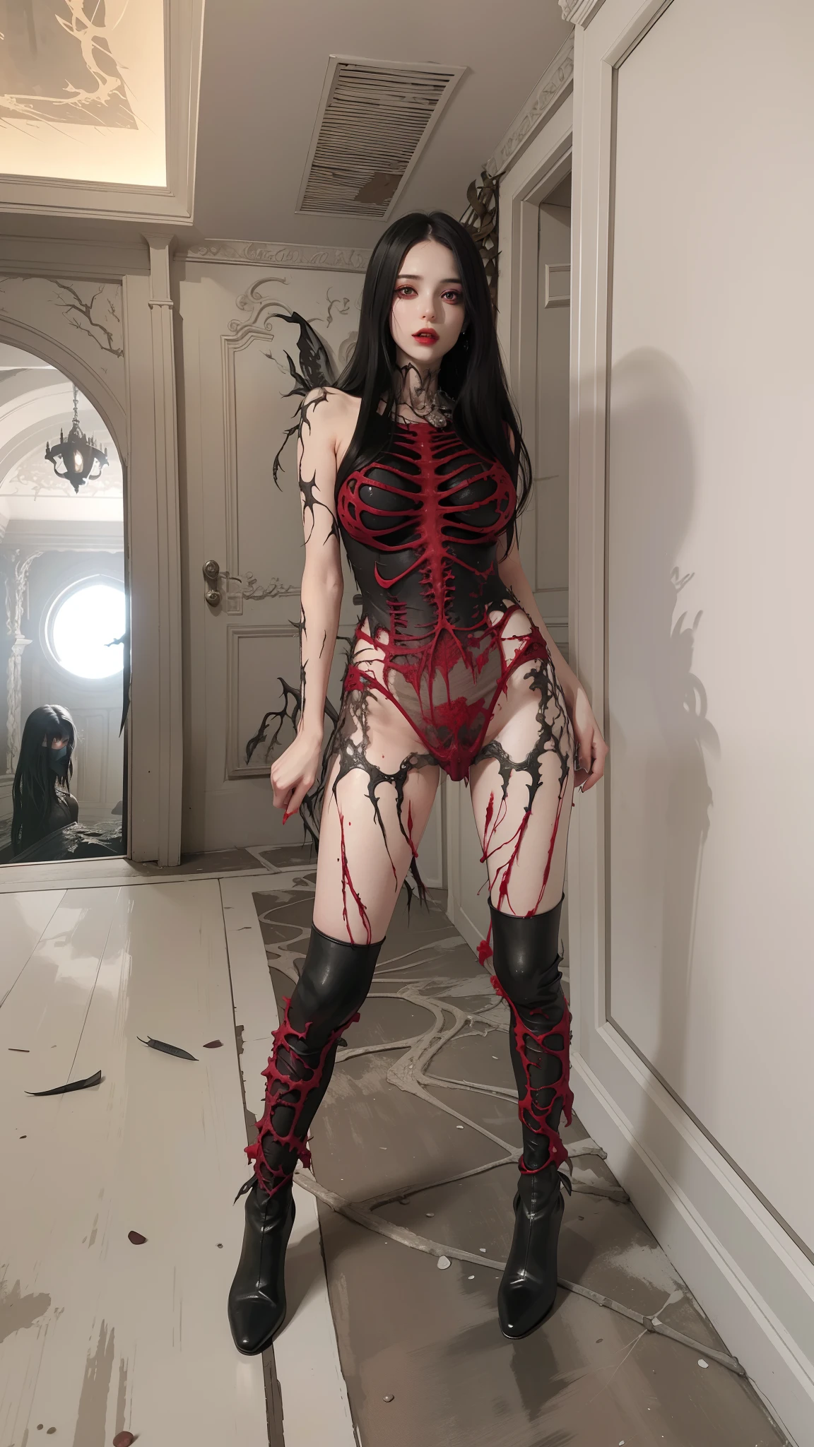 Fine matte painting, skeleton dark angel big wings haunted castle on drawing table full of knives, horror, spookiness, scary, secret horror, tentacles, vines, eyes, uncanny valley effect teeth, limbs, animals, blood moon,hight contrast,Glitter clothes