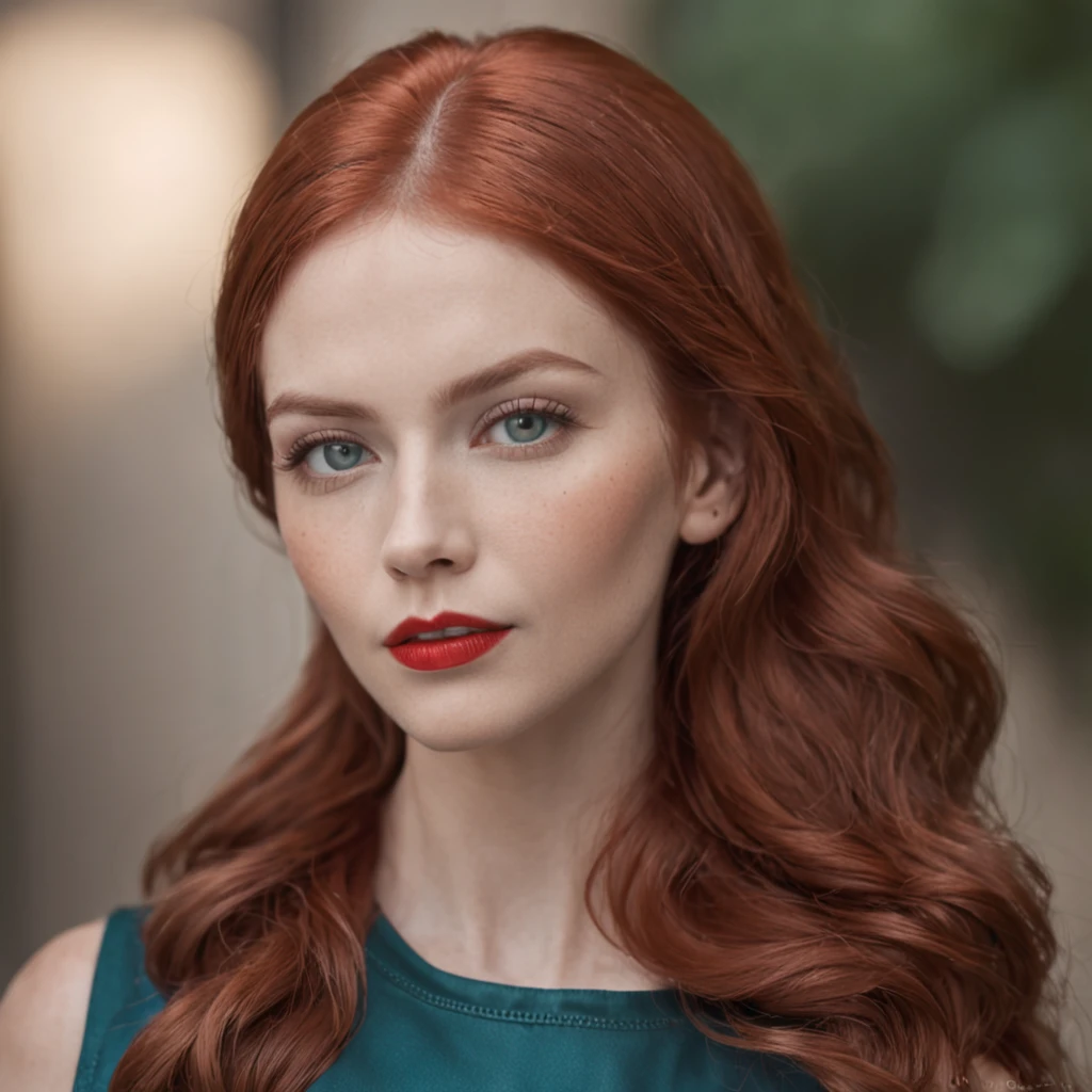 fashion photo of a beautiful woman perfect face symmetrical red hair model coppery red in brown leather vest, "red lips" e olho azul esverdeado, maxilar definido, alta moda , perfect composition, majo, detalhado, intrincado, Intricate octane render trend in Artstation, 8 k artistic photography, arte conceitual fotorrealista, soft natural volumetric cinematic perfect light, 3D-rendering