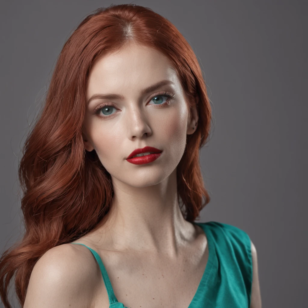 fashion photo of a beautiful woman perfect face symmetrical red hair model coppery red in brown leather vest, "red lips" e olho azul esverdeado, maxilar definido, alta moda , perfect composition, majo, detalhado, intrincado, Intricate octane render trend in Artstation, 8 k artistic photography, arte conceitual fotorrealista, soft natural volumetric cinematic perfect light, 3D-rendering