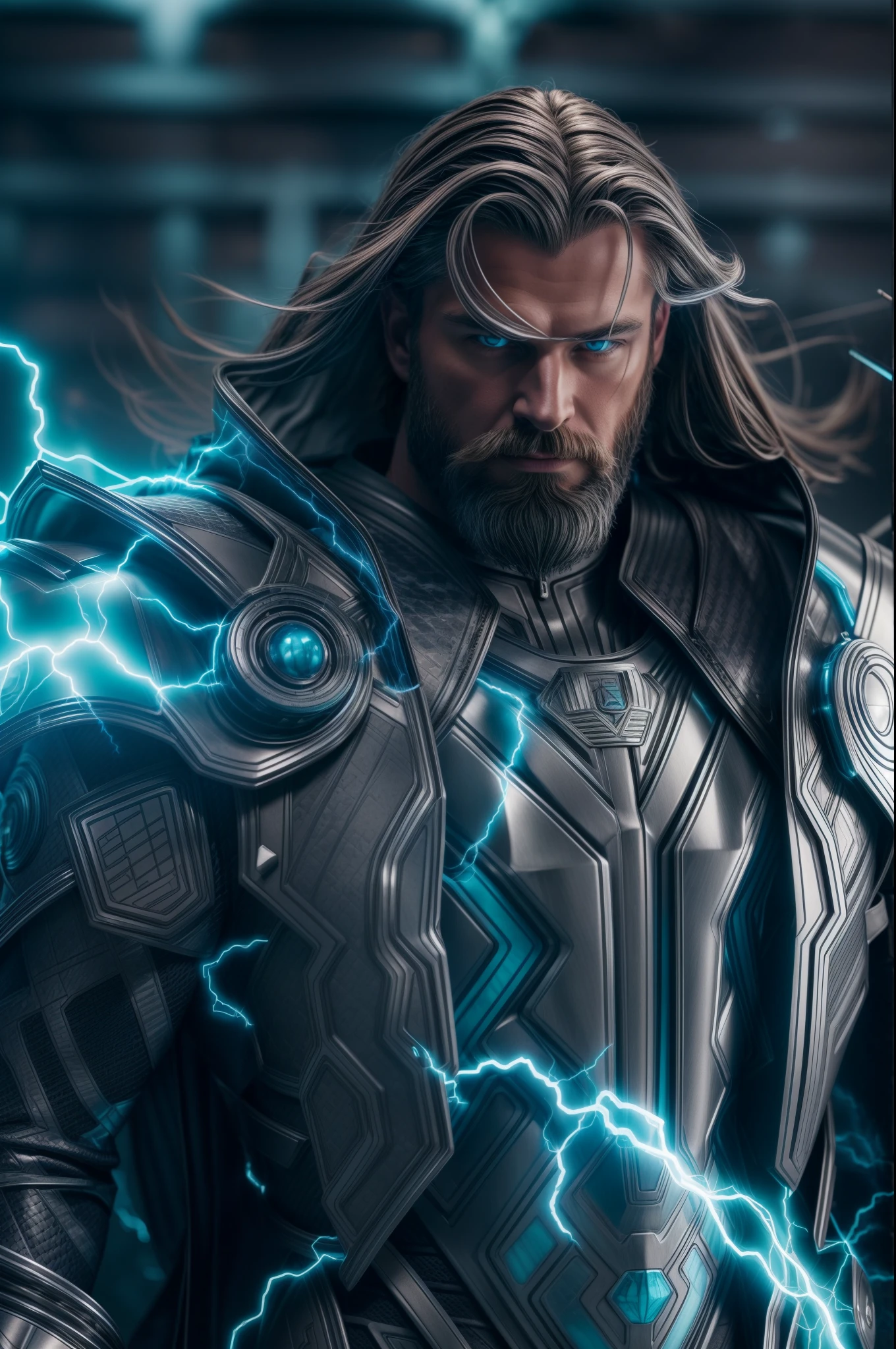 An intricate silver and carbon Thor cyber suit, holding his hammer, extremely detailed suit, surrounded by turquoise lightning, micro-details, photorealism, one light, dark photo, deep shadows, shallow depth of field, photorealistic, Surrealism, high quality, masterpiece, 8k, 8k, super detail, full body portrait, muscular, no helmet, long hair, beard, carbon Cape