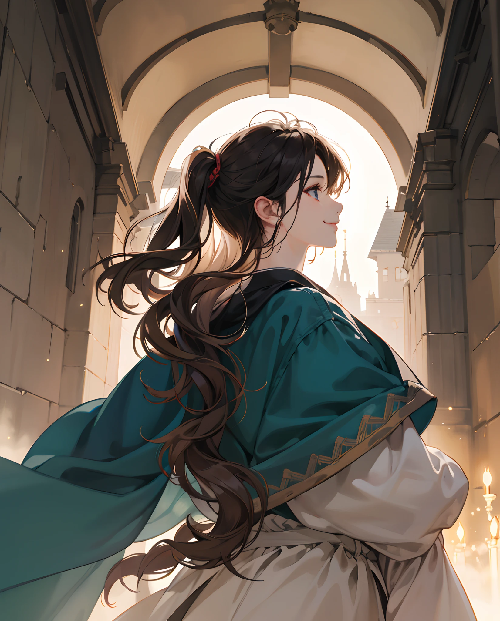 High quality, masterpiece, super detailed, clear emotions, manga style, girl in profile, half body, smile, waved hair medieval