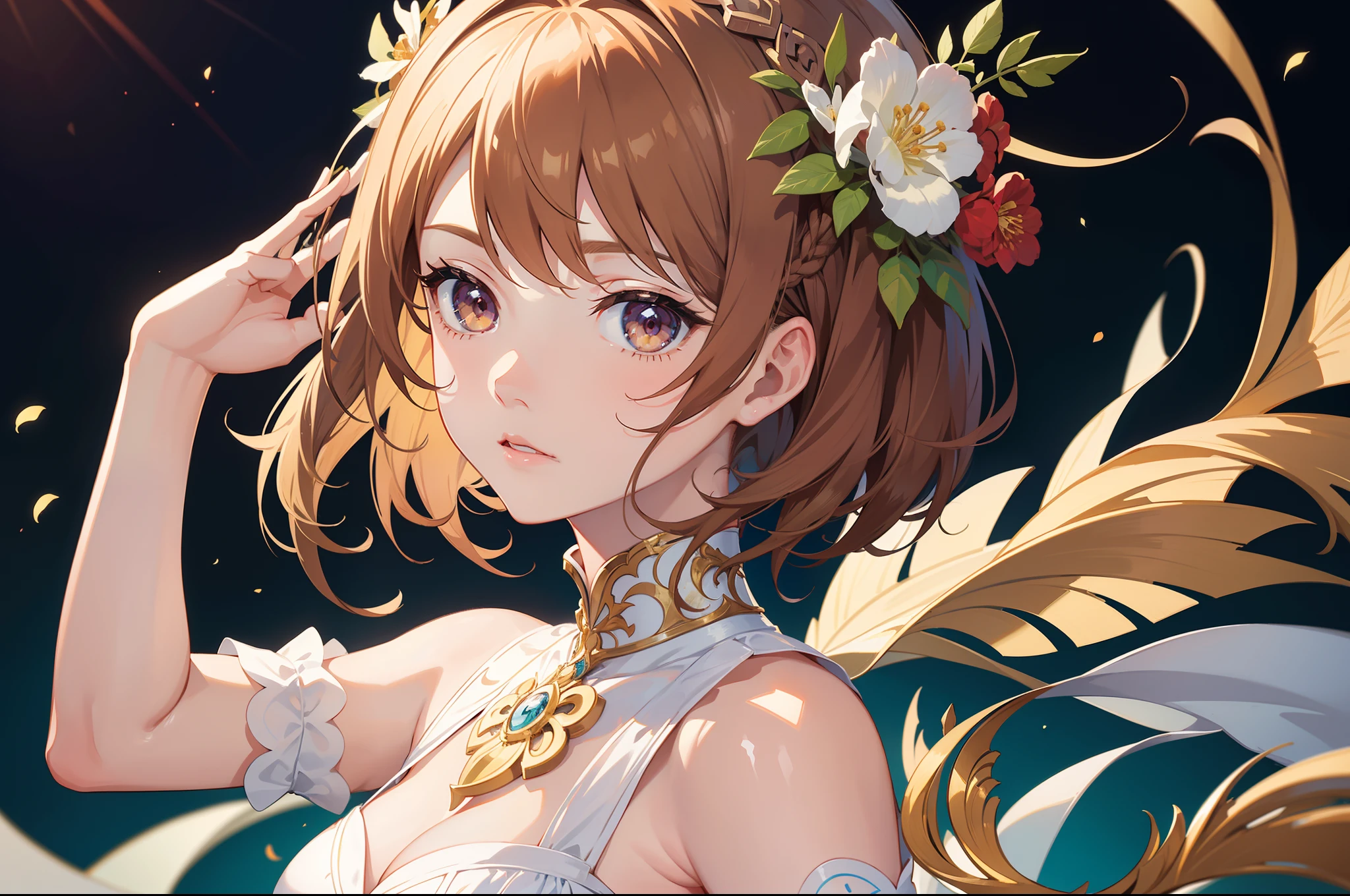 Official Art, Masterpiece European female face, short hair, lightbrown hair , brown eyes , Flower Frame ,Decorative panel , jugendstil , (masterpiece、top-quality、hight resolution: 1.4),in 8K, Drawing of a woman with short lightbrown hair, Anime Art Nouveau, highly detailed exquisite fanart, anime fantasy illustration, clean detailed anime art, detailed anime art, Sharp Focus, Delicate Beautiful Hair and Eyes and Face, realisitic, ultra-detailliert, a beauty girl,
