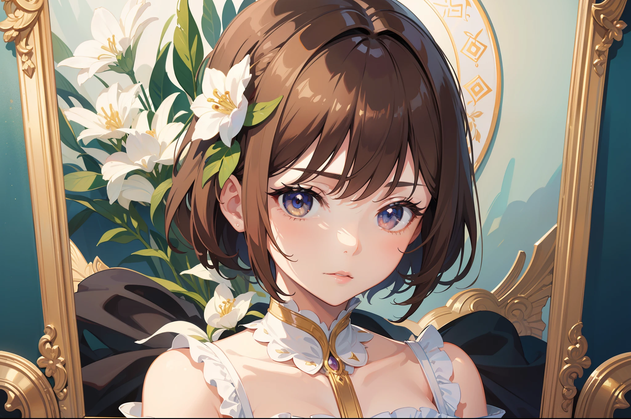 Official Art, Masterpiece European female face, short hair, light brown hair , brown eyes , Flower Frame ,Decorative panel , (​masterpiece、top-quality、hight resolution: 1.4),in 8K, Drawing of a woman with short light brown hair and a crown, Anime Art Nouveau, highly detailed exquisite fanart, anime fantasy illustration, clean detailed anime art, detailed anime art, Sharp Focus, Delicate Beautiful Hair and Eyes and Face, realisitic, ultra-detailliert, a beauty girl,A slender