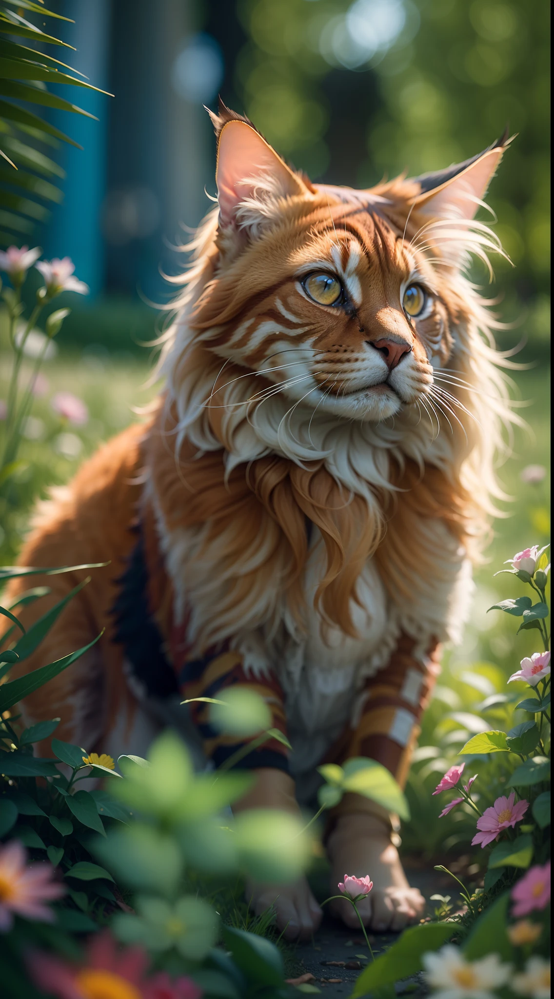 Red maincoon, Sitting in the grass among the flowers, Very high-quality photo, professionally staged light, on a street with clear weather, blue cumulus clouds in the sky, very beautiful, an awesome landscape against the background, A still from a movie with chromatic aberration, add a bokeh effect and a slightly blurred background, multi-colored particles float in the air, film grain, 8k, super detail