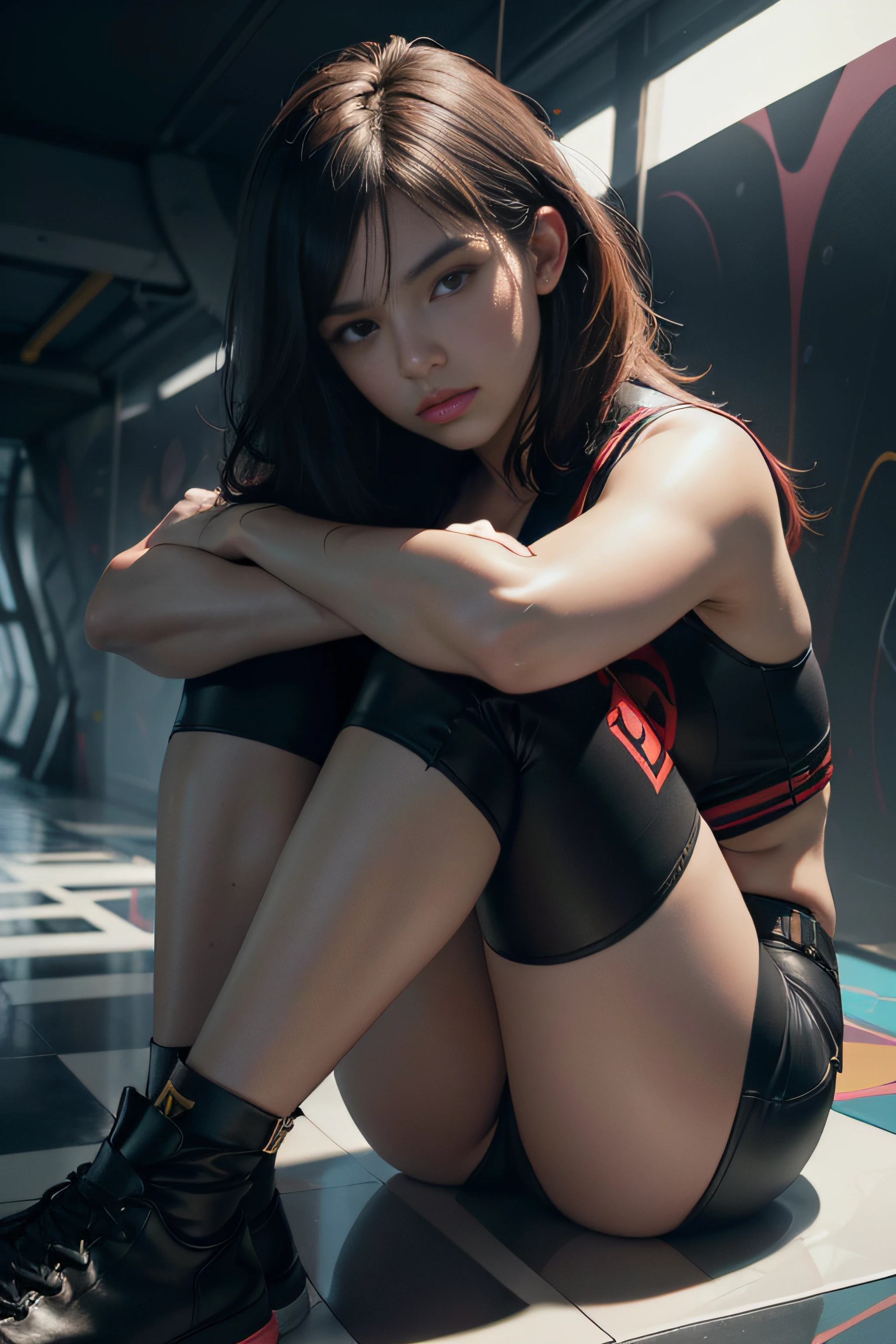 1girl, dynamic angle, (abstract background:1.3)hugging knees sitting, art by Erik Jones, octane render, High exposure of a Biochemical [Lily Sheen|Trevor Philips], looking down, Radiant hair, Foggy conditions, Sunlight, L USM, official art, unity 8k wallpaper, ultra detailed, aesthetic, masterpiece, best quality, photorealistic