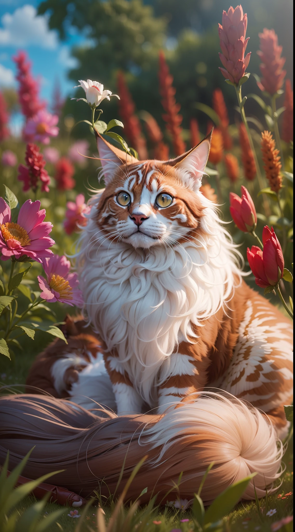 Red maincoon, Sitting in the grass among the flowers, Very high-quality photo, professionally staged light, on a street with clear weather, blue cumulus clouds in the sky, very beautiful, an awesome landscape against the background, A still from a movie with chromatic aberration, add a bokeh effect and a slightly blurred background, multi-colored particles float in the air, film grain, 8k, super detail