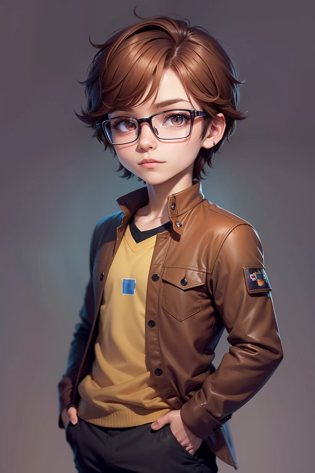 I want a geek nerd chibi character made in pixel art who has brown hair and eyes and wears glasses and has his hands in the pocket of a blouse