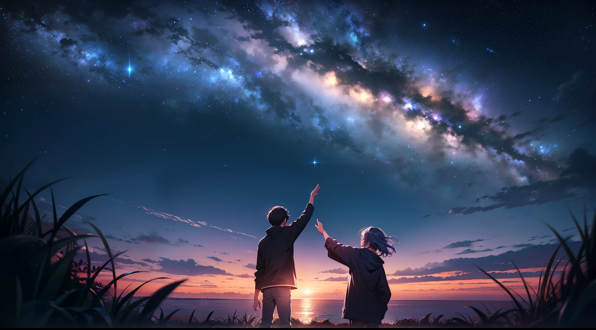 A boy and a girl together looking up at the sky at night time where the great milky way galaxy is visible in purplish blue color stretching over the horizon. A faraway shot. Cinematic. Wide angle. 4k.