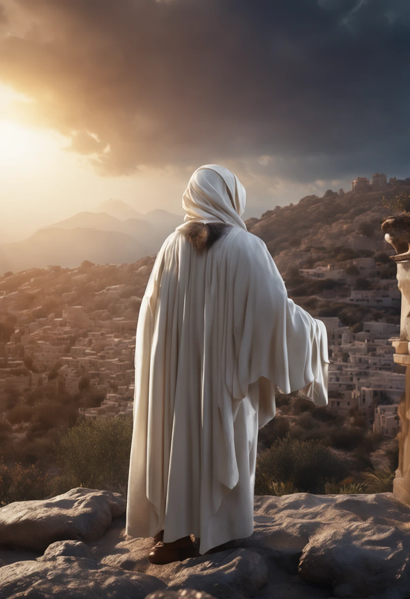 (Professional 3D Rendering:1.3) by (Realistic:1.3) World's most beautiful art photo of Standing body and full body Jesus on the Mount of Olives, with a flowing white robe, is in the center, surrounded by an aura of light divine. His serene face radiates wisdom and love as he speaks to the surrounding crowd, fantastic location, majestic cluttered environment)), full body 8k unit render, action shot, skin pores, very dark lighting, heavy shading, detailed, Detailed face, (vibrant, photorealistic, realistic, dramatic, Dark, sharp focus, 8k), (Old leather clothes damaged by weather:1.4), (((Use fur)))), (intricate:1.4 ), decayed, (high detailed:1.4), digital paint, octane rendering, Art Seasons, Concept-Art, smooth, sharp focus, illustration, germ of art, (Loish:0.23), Wlop Ilya Kuvshinov, and Greg Rutkowski and Alphonse Mucha Gracias, (Global Illumination, Studio Light, Volumetric Light), Heavy Rain, Floating Particles, Rascal, Fantasy, Eleven, Full Body, Esbian, ((Dark Old City Background:1.3)),CGSesociedade,Art Stations, Looking at camera, best quality, master part