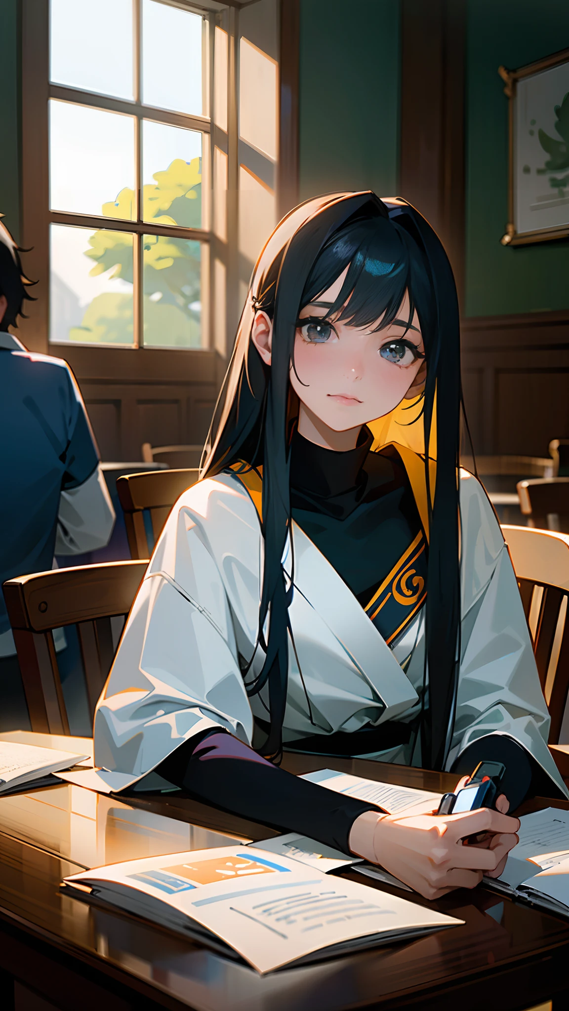 there is a woman sitting at a table with a cell phone, nivanh chanthara, student, sakimi chan, 18 years old, 1 6 years old, during sunrise, lily frank, taken in 2 0 2 0, serena malyon, with long hair, inspired by Ni Yuanlu, photo taken in 2 0 2 0, cindy avelino