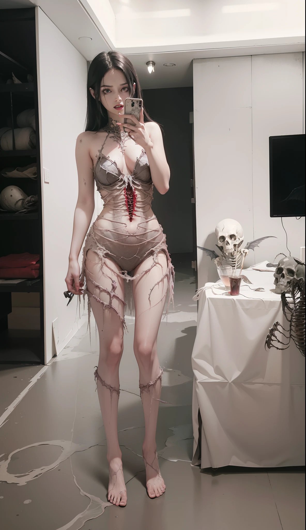 Fine matte painting, skeleton dark angel big wings haunted castle on drawing table full of knives, horror, spookiness, scary, secret horror, tentacles, vines, eyes, uncanny valley effect teeth, limbs, animals, blood moon,hight contrast,Glitter clothes