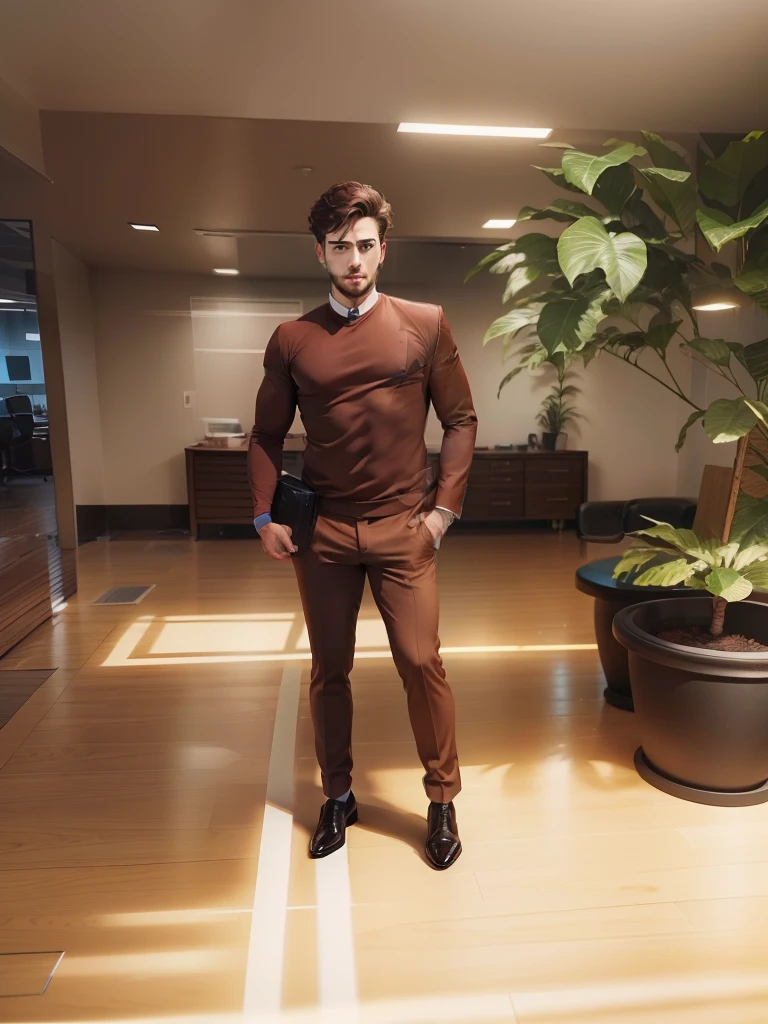A 30 year old handsome business man working in an office wearing brown suit ,realistic face