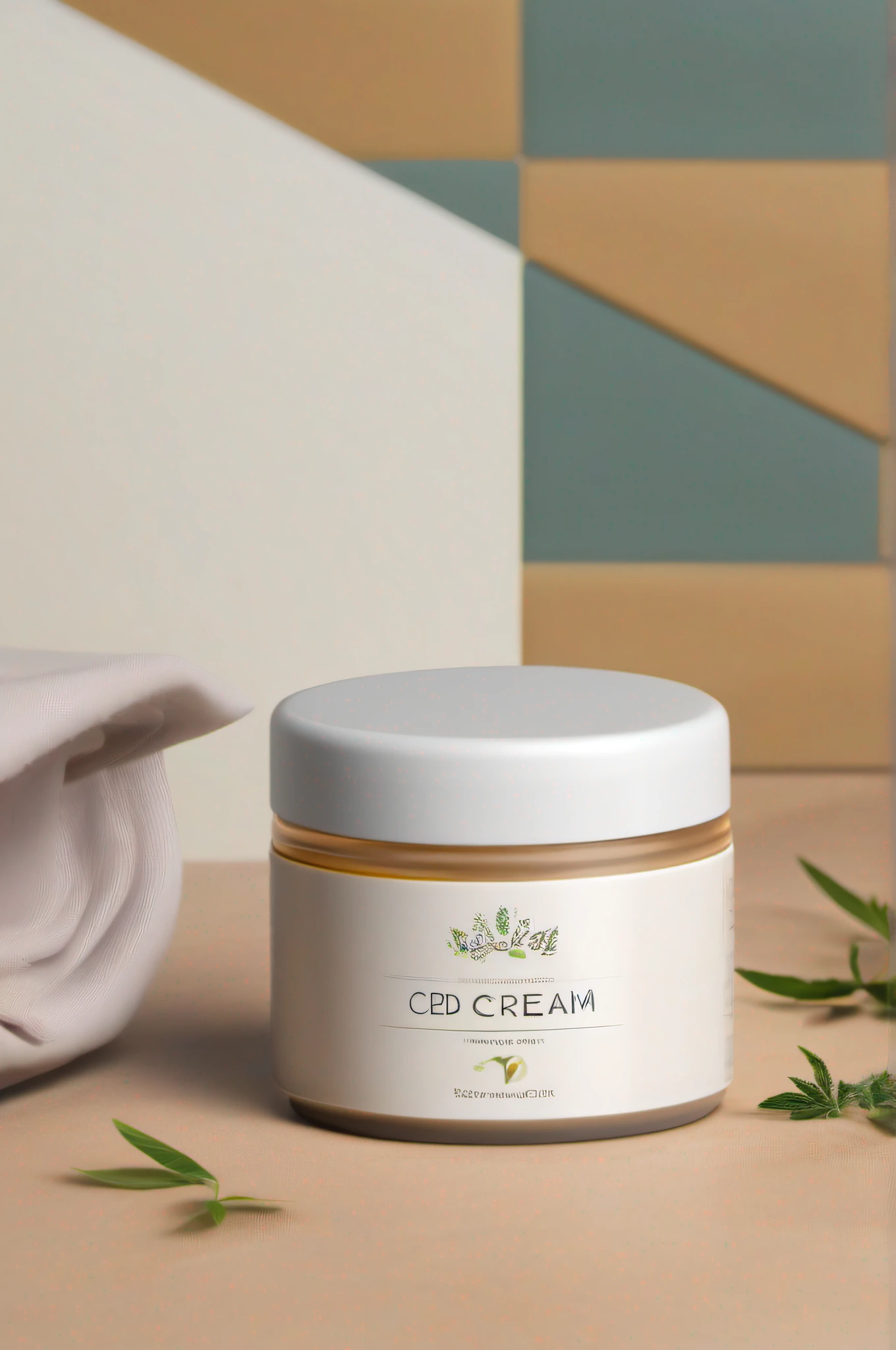 Create a modern and minimalistic mockup design for a CBD cream that resonates with a health-conscious audience. Employ clean lines, contemporary aesthetics, and muted color palettes to convey a sense of simplicity and wellness. The design should evoke a feeling of natural balance and promote a healthy lifestyle. Emphasize the cream's attributes that align with wellness, allowing the design to communicate the CBD cream's effectiveness within a sleek and modern context tailored for health-conscious individuals.