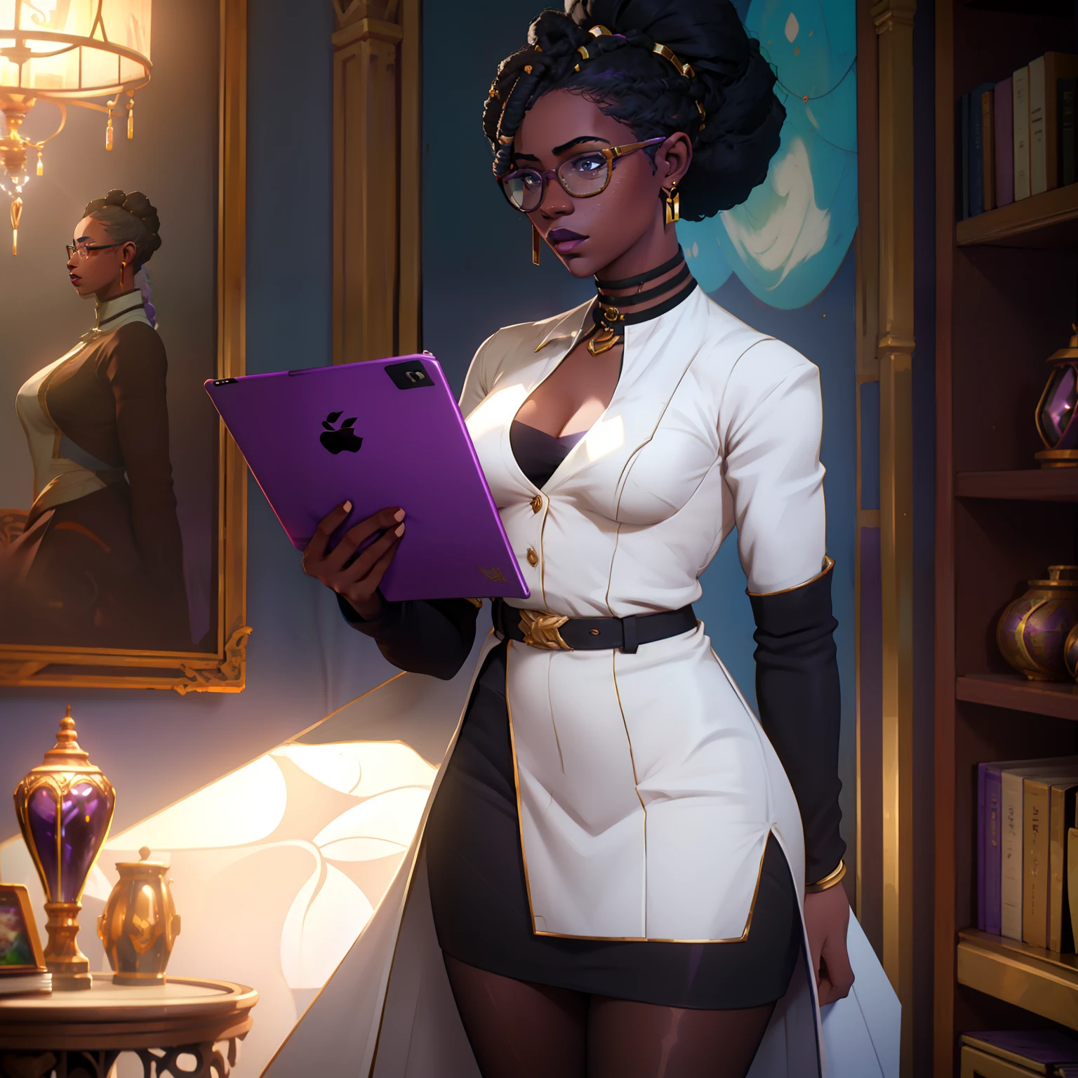 "A stunning African woman with a white formal shirt, a short mini skirt, and a captivating display of cleavage. She wears reading glasses and has a stylish purple braided Afro hairstyle. Completing her look, she holds a ipad."