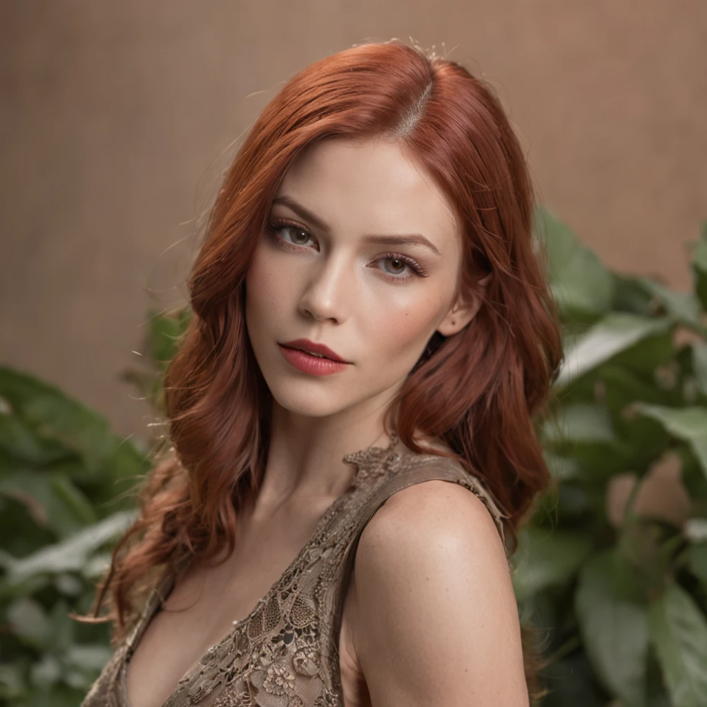 fashion photo of a beautiful woman perfect face symmetrical red hair model coppery red in brown leather vest, "thick reddish lips" e olho azul esverdeado, maxilar definido, cara de brava, corpo musculoso, perfect composition, majo, detalhado, intrincado, Intricate octane render trend in Artstation, 8 k artistic photography, arte conceitual fotorrealista, soft natural volumetric cinematic perfect light, 3D-rendering