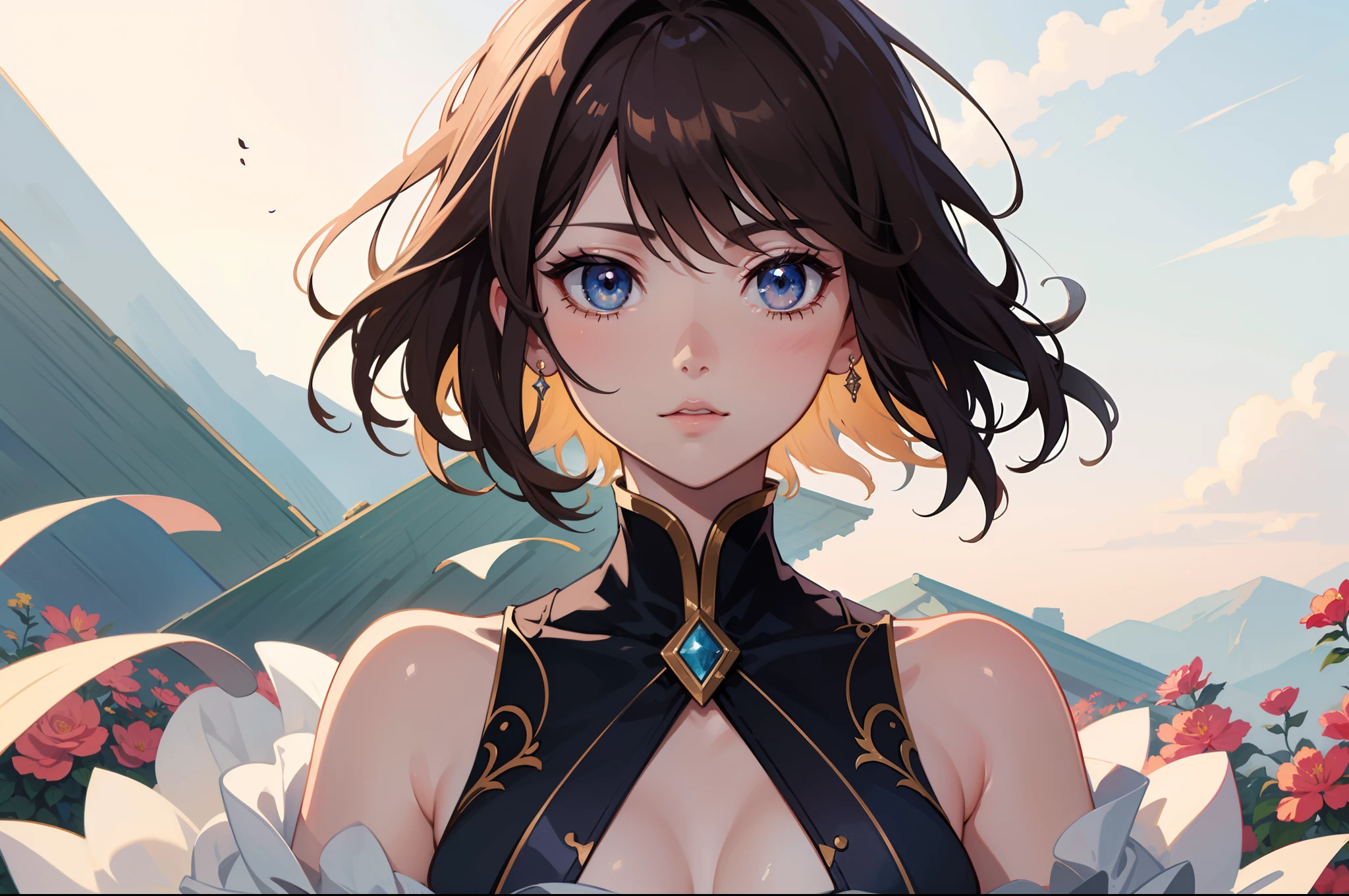 masterpiece, best quality, highly detailed, high resolution, expensive resolution, high resolution, 4k, 8k, uniform 8k wallpaper, highly detailed CG, masterpiece, 2d, 3d, beautiful details, depth, fine texture, best quality: 1.3, perfectly focused, sharp. skin, him, very cute anime girl, her name is Mei, medium hair, K-pop idol style, sexy princess dress, expensive bob hair, mole under eye looking at the viewer, expensive, blush, mole, open lips, pink eyes, heart shaped choker, smiling face