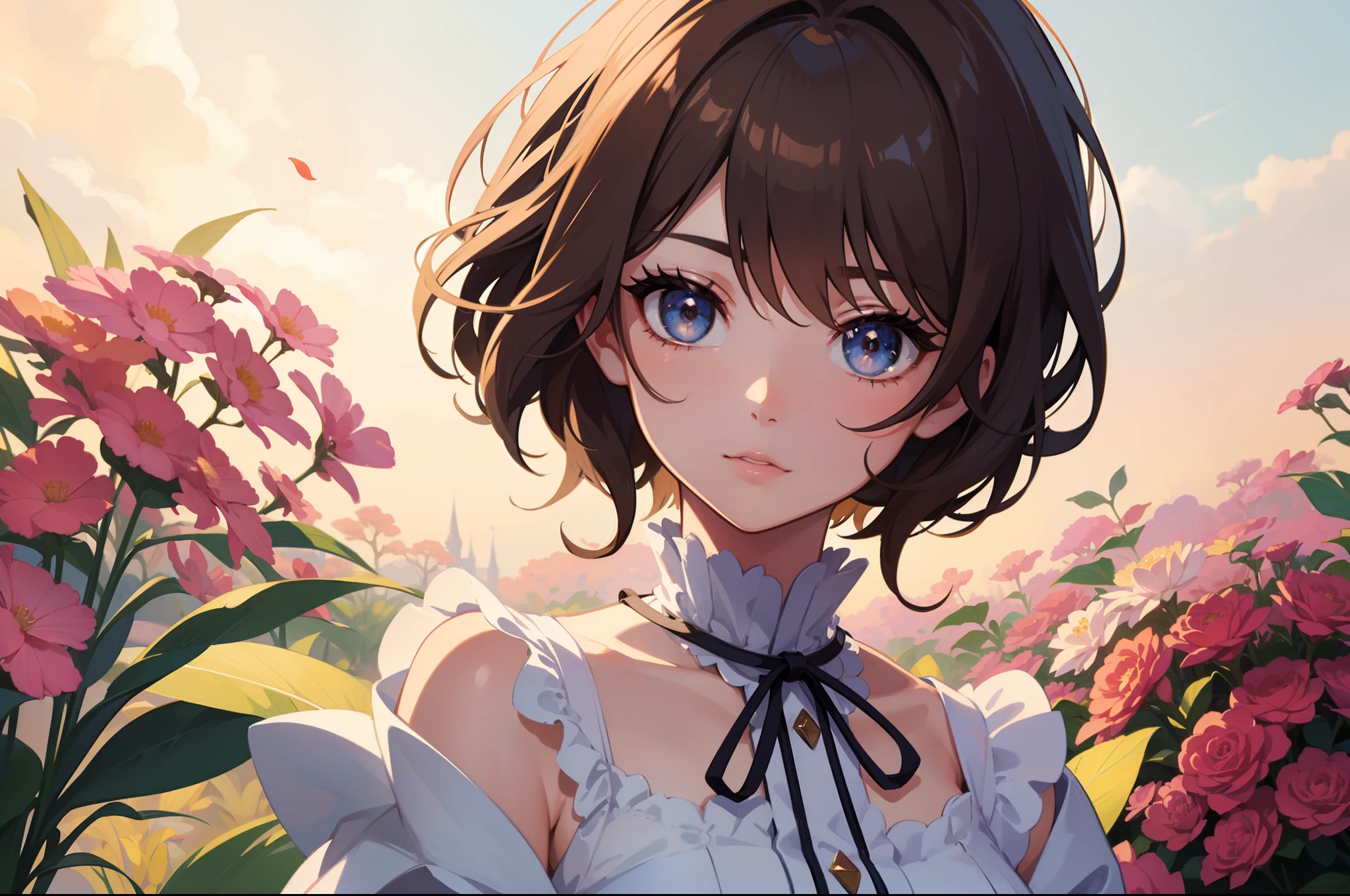 Official Art, Masterpiece European female face, short hair, lightbrown hair , brown eyes , flower garden , (​masterpiece、top-quality、hight resolution: 1.4),in 8K, Drawing of a woman with short lightbrown hair, Anime Art Nouveau, highly detailed exquisite fanart, anime fantasy illustration, clean detailed anime art, detailed anime art, Sharp Focus, Delicate Beautiful Hair and Eyes and Face, realisitic, ultra-detailliert, a beauty girl,