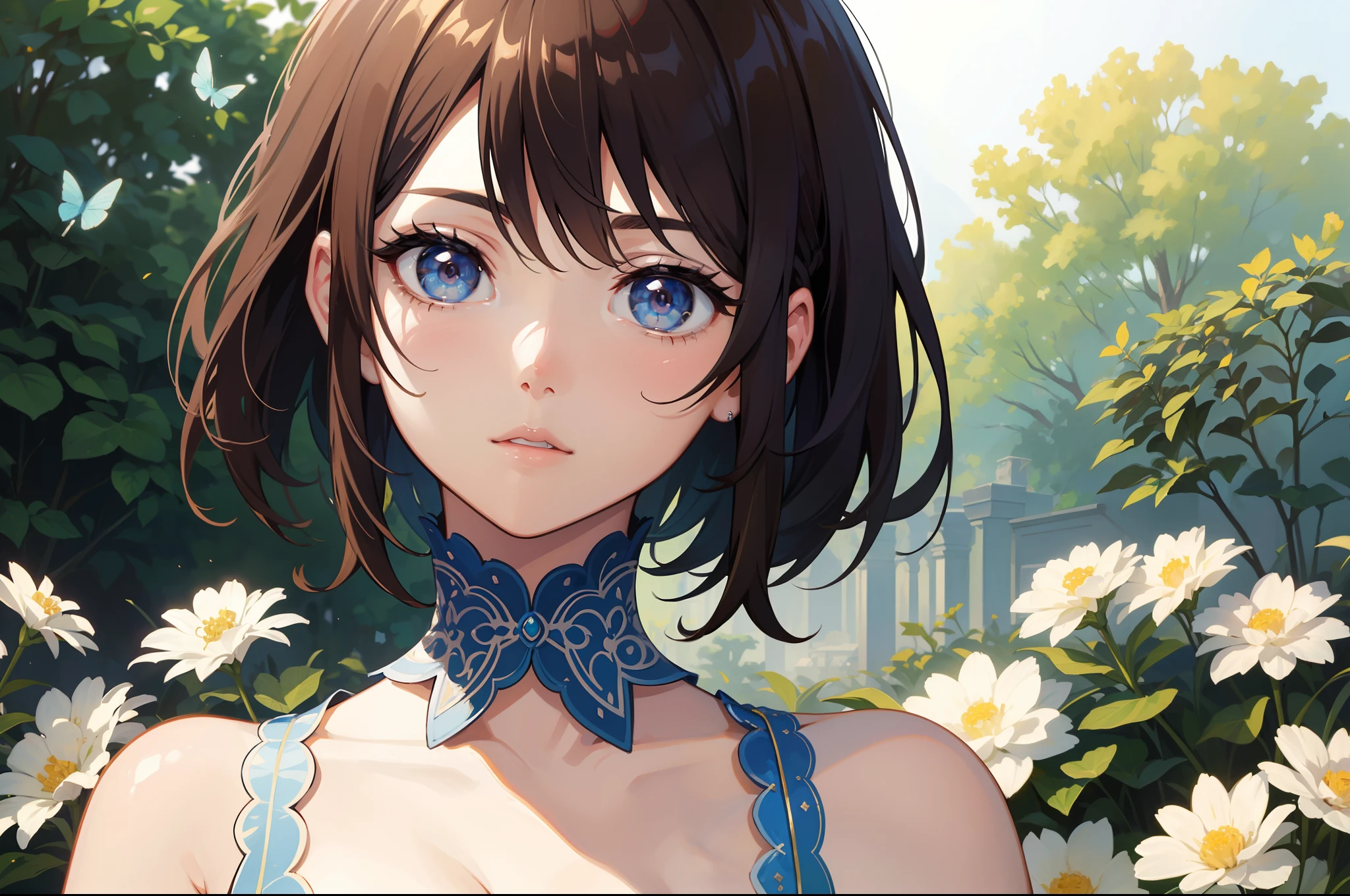 Official Art, Masterpiece European female face, short hair, lightbrown hair , brown eyes , flower garden , (masterpiece、top-quality、hight resolution: 1.4),in 8K, Drawing of a woman with short lightbrown hair, Anime Art Nouveau, highly detailed exquisite fanart, anime fantasy illustration, clean detailed anime art, detailed anime art, Sharp Focus, Delicate Beautiful Hair and Eyes and Face, realisitic, ultra-detailliert, a beauty girl,