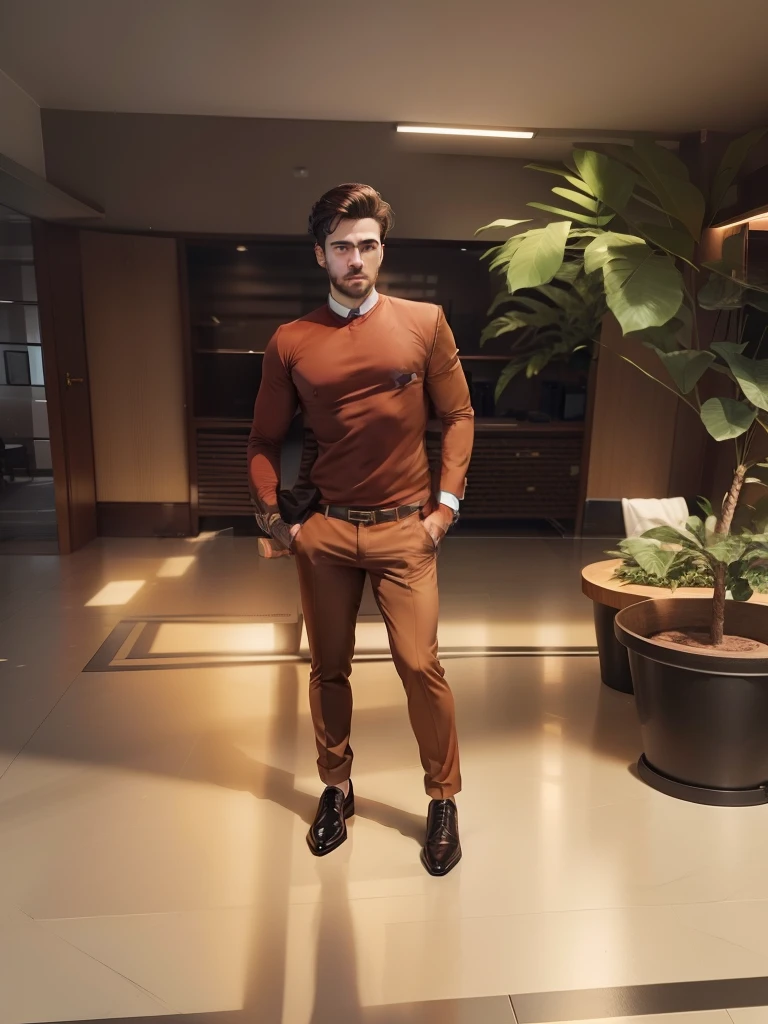 A 30 year old handsome business man working in an office wearing brown suit ,realistic face