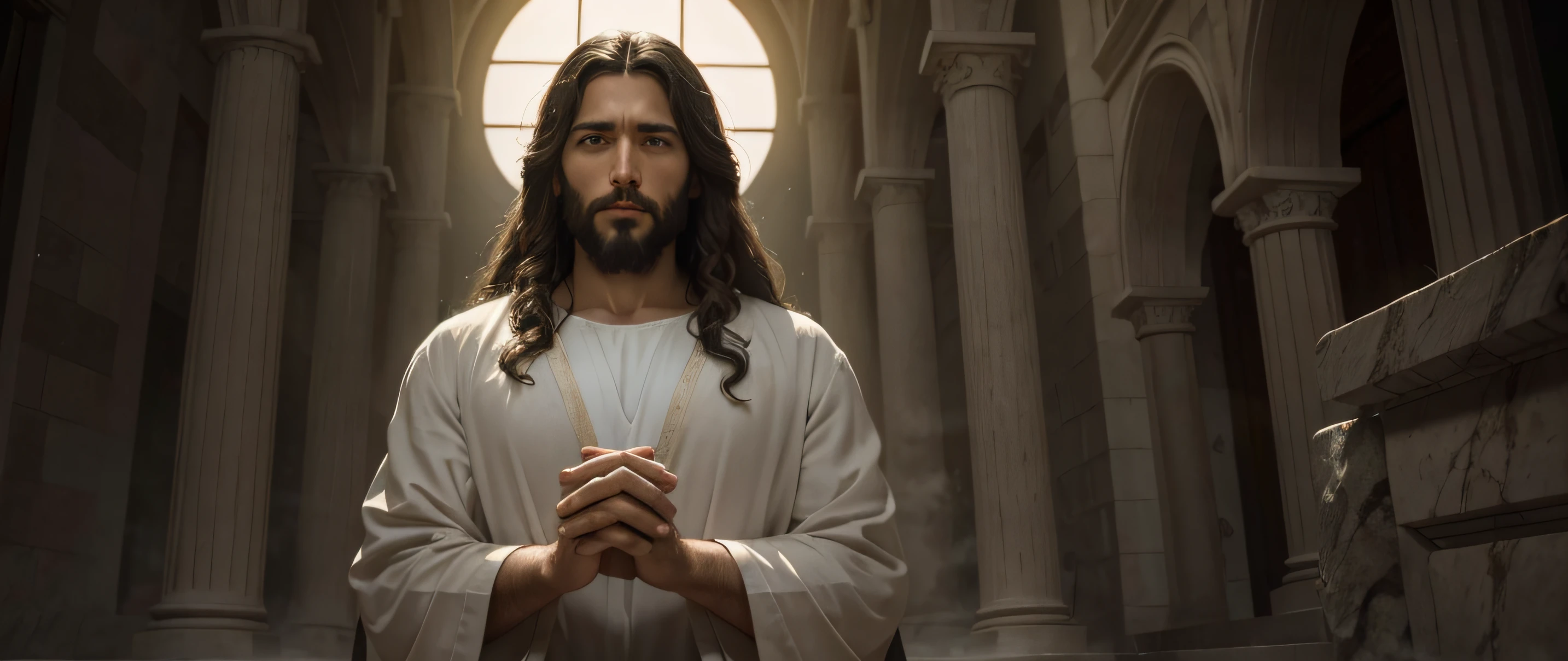En esta escena, Jesus is pictured in heaven, irradiando divinidad y serenidad. The atmosphere is ethereal, con suaves rayos de luz que iluminan el entorno. The composition is carefully framed, capturing Jesus in the center, surrounded by a heavenly backdrop. The camera zooms in to capture every intricate detail, showing the divine characteristics and expression of Jesus. His eyes reflect compassion and wisdom.., mientras su sonrisa serena exuda paz y amor. Dramatic lighting improves the depth and mood of the scene, creating a sense of wonder and reverence. The image is captured with an ultra-detailed camera, asegurando que cada matiz y textura se reproduzca fielmente. Resolution is set to 8K, proporcionando una claridad y realismo sorprendentes. Photorealistic representation brings Jesus to life, capturando la esencia de su presencia de una manera tangible y convincente. The aspect ratio is set to 4:3, allowing a balanced and classic composition. The version used is Midjourney 5.2, Take advantage of the latest advances in imaging technology. Camera settings are set to automatic, Optimize exposure and focus to capture the scene at its utmost beauty. En general, the scene portrays Jesus in all his glory, transmitir un sentido de presencia divina y paz. The combination of ultra-detailed photography, Dramatic lighting, and the high-resolution rendering creates a visually stunning and emotionally resonant depiction of Jesus in heaven.