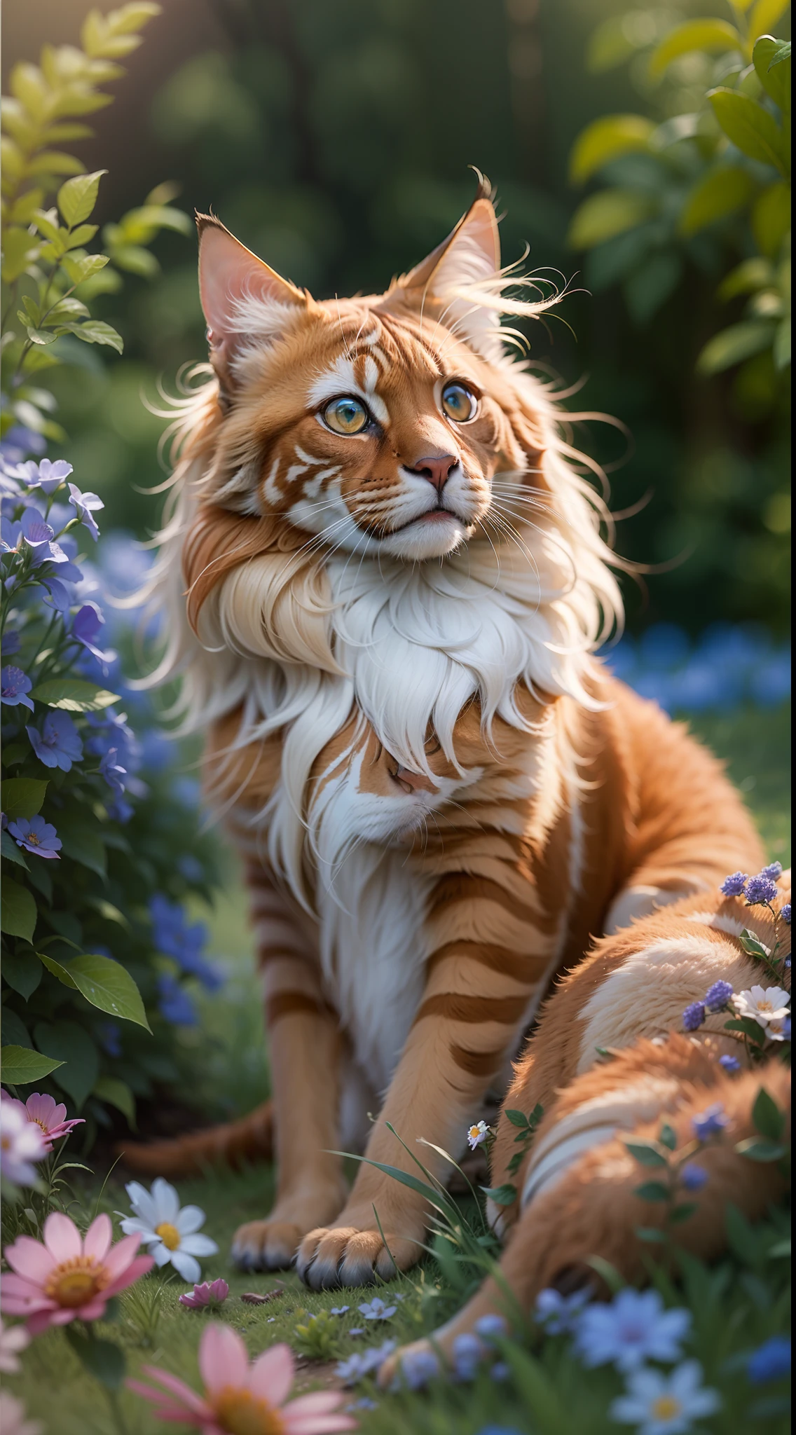 Red maincoon, Sitting in the grass among the flowers, Very high-quality photo, professionally staged light, on a street with clear weather, blue cumulus clouds in the sky, very beautiful, an awesome landscape against the background, A still from a movie with chromatic aberration, add a bokeh effect and a slightly blurred background, multi-colored particles float in the air, film grain, 8k, super detail