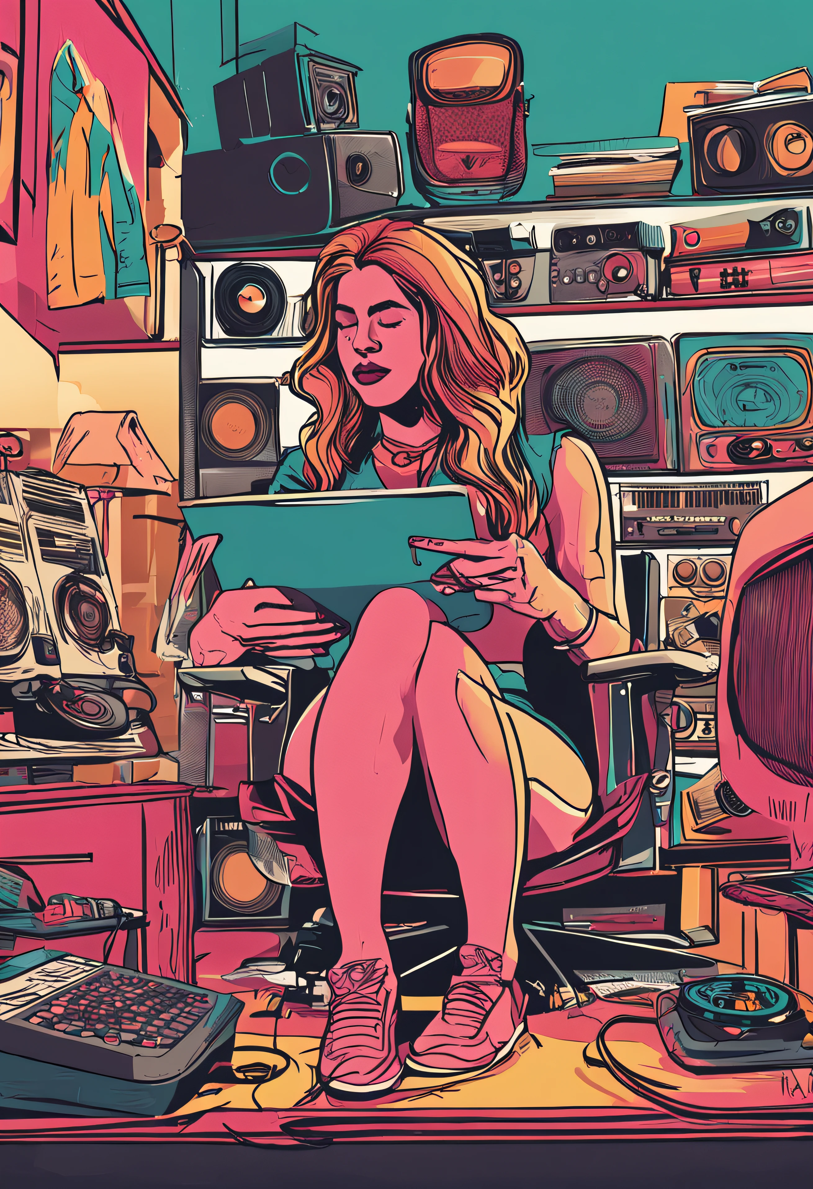 (uma mulher bem vestida:) em um estudio de podcast