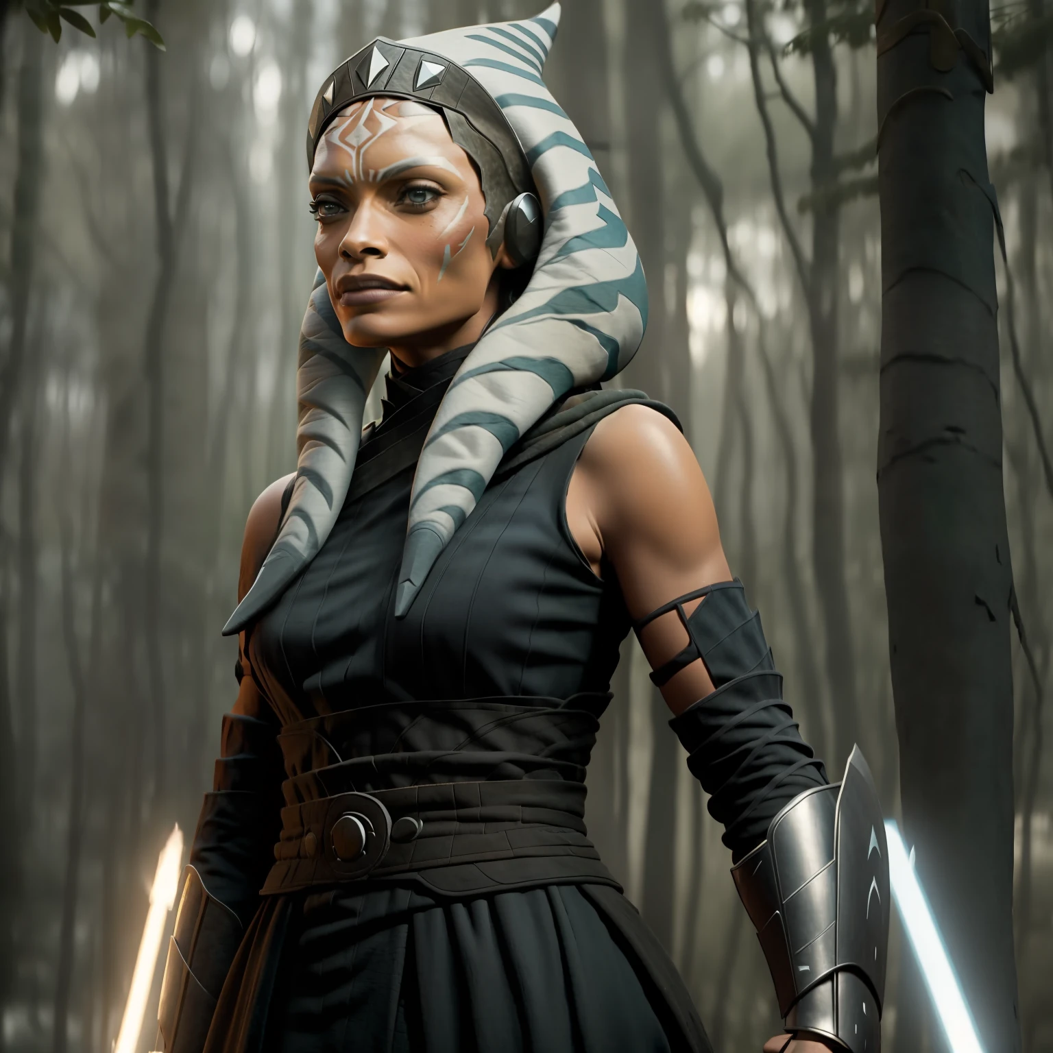 ahsokatano woman, rosario dawson, battle armor, jedi, cinematic, movie still