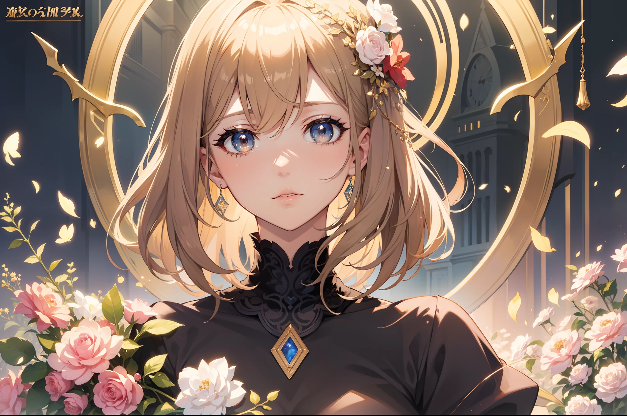 Official Art, Masterpiece European female face, short hair, lightbrown hair , brown eyes , flower garden , (masterpiece、top-quality、hight resolution: 1.4),in 8K, Drawing of a woman with short lightbrown hair, Anime Art Nouveau, highly detailed exquisite fanart, anime fantasy illustration, clean detailed anime art, detailed anime art, Sharp Focus, Delicate Beautiful Hair and Eyes and Face, realisitic, ultra-detailliert, a beauty girl,