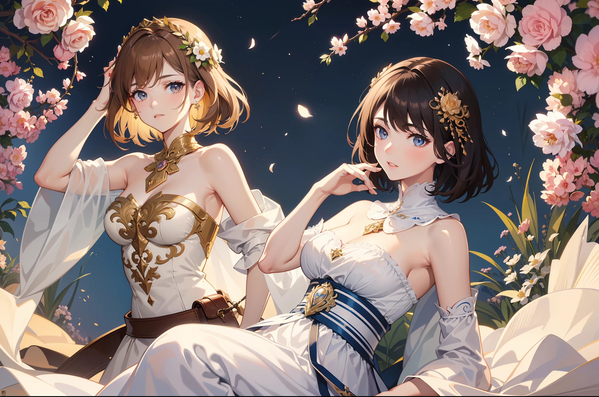 Official Art, Masterpiece European female face,elvish, short hair, chestnut brown hair , brown eyes , Flower Frame ,Decorative panel , jugendstil , (masterpiece、top-quality、hight resolution: 1.4),in 8K,color splashes、line-drawing、Fibonacci、Drawing of a woman with short chestnut brown hair and a crown, Anime Art Nouveau, Detailed Digital Anime Art, portrait knights of zodiac girl, highly detailed exquisite fanart, anime fantasy illustration, clean detailed anime art, detailed anime art, Sharp Focus, (Beautiful gorgeous cute woman:1.3), (Beautiful cute woman:1.3), Delicate Beautiful Hair and Eyes and Face, realisitic, ultra-detailliert, a beauty girl,A slender, Pretty breasts and buttocks、Dynamic hair、Detailed cestnut brown hair