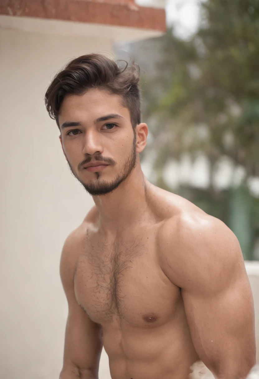 jovem, cute boy from Ceará, branco, with tattoo on the left arm, meio magro, com barba fechada feita, 22 anos. peito nu, projetar-se sensualmente, very clearly visible, remova a cueca, mostrando claramente o volume do penis no short de jogar bola, Remova completamente a roupa interior, mostrar o completo, fundo nu, erotic body, erotic facial expressions, mama aberta, belas pernas bonitas, medium-sized thighs, cabelos curtos, tipo marginal, parte superior do corpo aberta, , Realistic, circunstanciado, master part, extra film grain, professional lighting, fotografia profissional, Cores Neutras, cores silenciadas, Luzes Naturais, foto realista, good composition, 4k, High definition