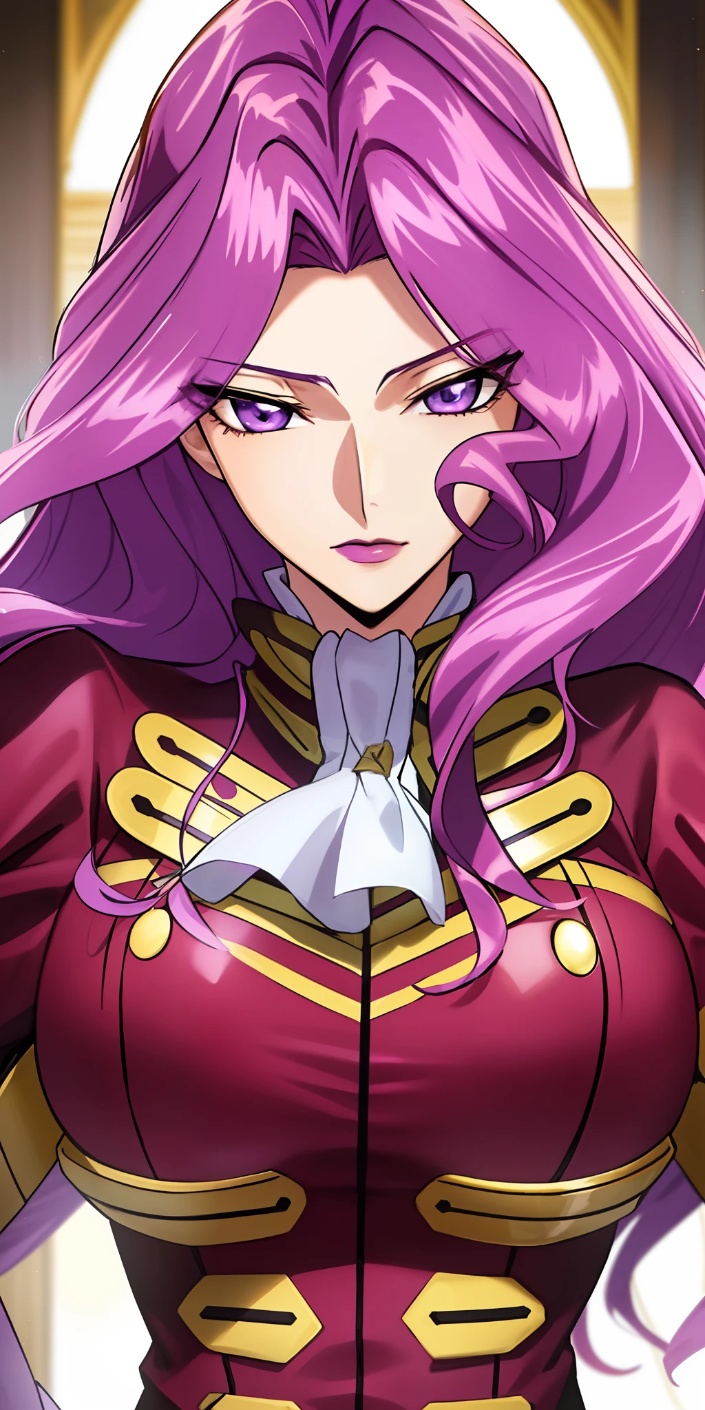 cornelia_li_britannia, huge breasts, solo, standing, cornelia_military_uniform,, masterpiece, best quality, detailed face, detailed eyes, highres, code Geass Corneille purple eyes purple hair purple lip (masterpiece), best quality, expressive eyes, Beautiful FingerBeautiful body,Beautiful Nose,Beautiful character design, perfect eyes, perfect face,  
NSFW,official art,extremely detailed CG unity 8k wallpaper, perfect lighting,Colorful, Bright_Front_face_Lighting,
(masterpiece:1.0),(best_quality:1.0), ultra high res,4K,ultra-detailed,
photography, 8K, HDR, highres, absurdres:1.2, Kodak portra 400, film grain