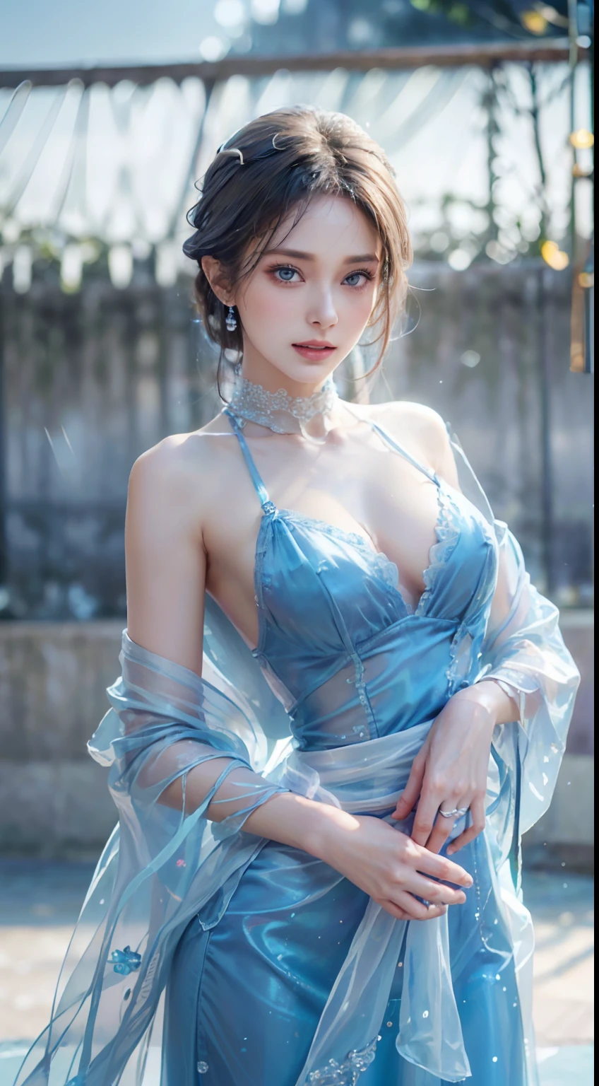 Close up portrait of woman in blue dress leaning against wall, Wearing a blue dress with ultra-thin fabric, in blue dress, Bright blue shiny lingerie, wearing blue dress, Icy Blue Dress, sky - blue dress, wearing a blue dress, translucent silky dress, in a blue qipao, Blue Dress, tall thin beautiful goddess, Dressed in blue, beautiful silky dress、((Ultra-thin fabric sticks to the body、show through、no-bra、Nipple ring))、Perfect body with realistic shades、translucent white skin、shiny white skin、Smooth white tight clothes suit、Photo by Fujifilm X-T3、(Photorealsitic:1.4)、(masuter piece:1.3)、 (intricate-detail:1.2), (crisp photos)、Raw photo, (top-quality, masterpiece:1.2),(intricate detailes:1.4),(octane renderings, Complex 3D rendering ultra detail, Studio Soft Light, Rim Lights, vibrant detail, Super Detail, realistic skin textures, Detail Face, Beautiful detail eyes, Very detailed CG Unity 16k wallpaper, make - up, (detailedbackground:1.2), shinny skin、(In SFW)