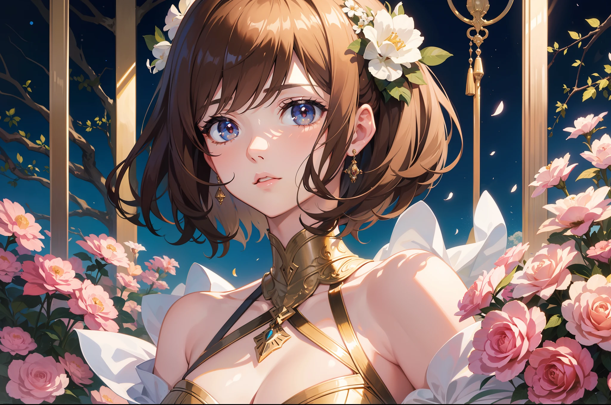 Official Art, Masterpiece European female face, short hair, lightbrown hair , brown eyes , flower garden , (​masterpiece、top-quality、hight resolution: 1.4),in 8K, Drawing of a woman with short lightbrown hair, Anime Art Nouveau, highly detailed exquisite fanart, anime fantasy illustration, clean detailed anime art, detailed anime art, Sharp Focus, Delicate Beautiful Hair and Eyes and Face, realisitic, ultra-detailliert, a beauty girl,