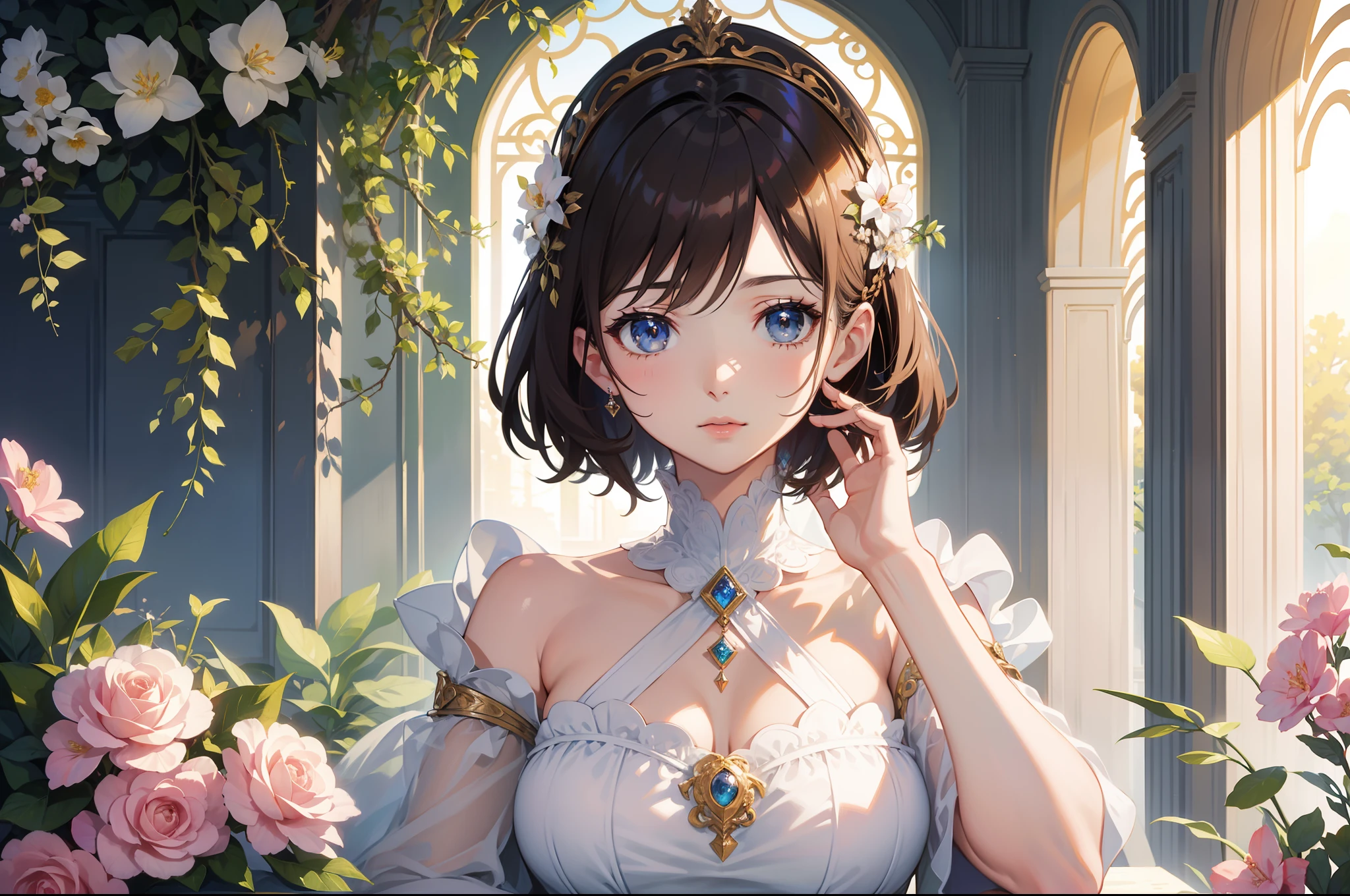 Natural lighting, spotlighting, soft smile, slightly shining hair, half-up do, dress, silk, satin, gemstone, jewelry, aquamarine, tanzanite, tourmaline, Paraiba, turquoise, emerald, opal, cantera, 1girl, solo, front view, upper body, Luxury, opulence, grandeur, splendor, flowers, spring ephemerals,
