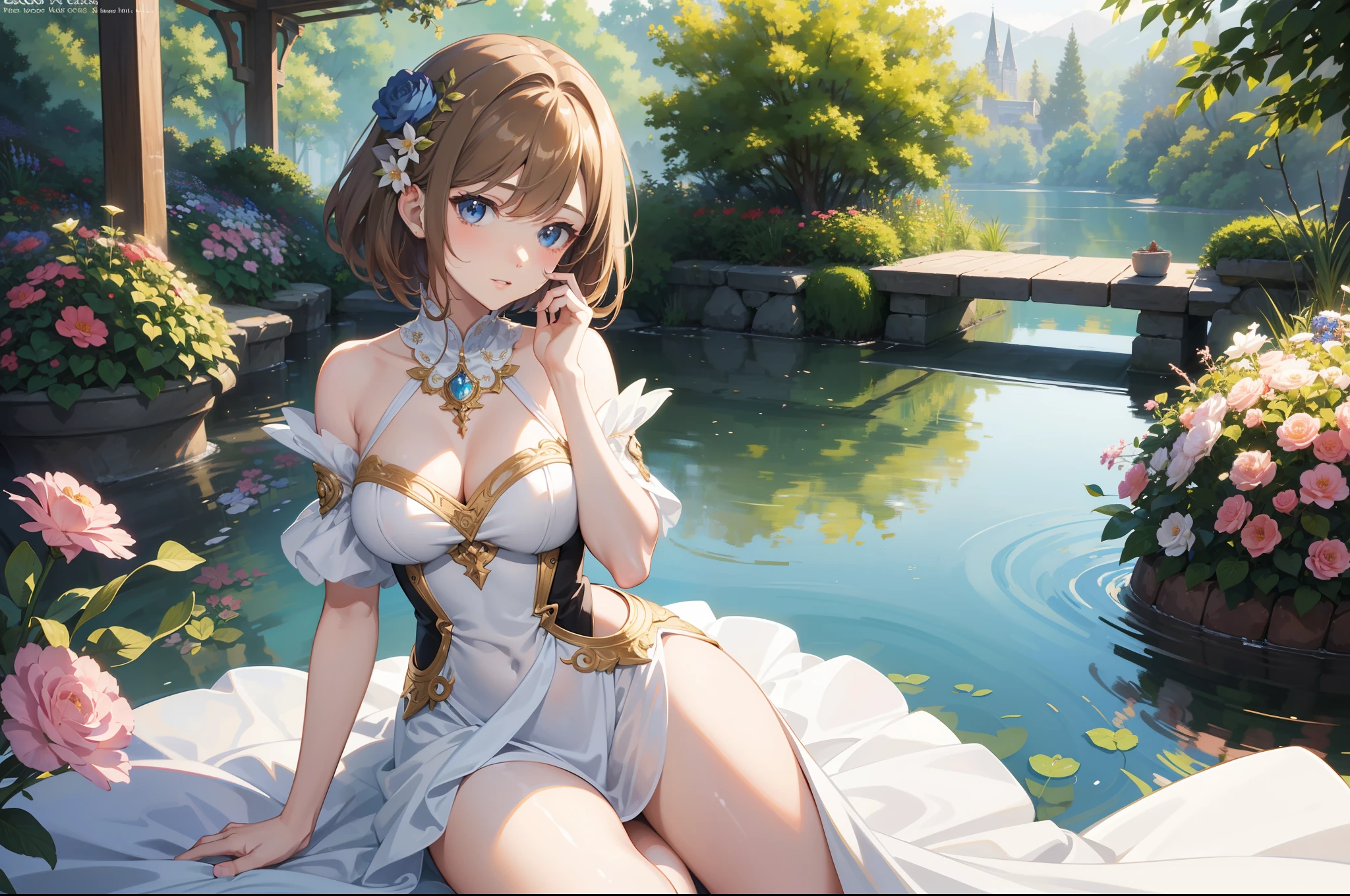 Official Art, Masterpiece European female face, short hair, lightbrown hair , brown eyes , flower garden , (masterpiece、top-quality、hight resolution: 1.4),in 8K, Drawing of a woman with short lightbrown hair, Anime Art Nouveau, highly detailed exquisite fanart, anime fantasy illustration, clean detailed anime art, detailed anime art, Sharp Focus, Delicate Beautiful Hair and Eyes and Face, realisitic, ultra-detailliert, a beauty girl, sunlight
