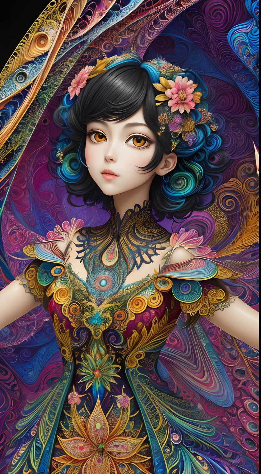 (masterpiece, top quality, best quality, official art, beautiful and aesthetic:1.2), (1girl:1.3), extremely detailed,(fractal art:1.2),colorful,highest detailed,(zentangle:1.2), (dynamic pose), (abstract background:1.5), (treditional dress:1.2), (shiny skin), (many colors:1.4), upper body, masterpiece, best quality,high quality,highres, 16K,RAW,ultra highres,ultra details,finely detail,an extremely delicate and beautiful,extremely detailed,real shadow, anime,highly detailed painted,award winning glamour paintting,wonderful paintting,art style,stylized,