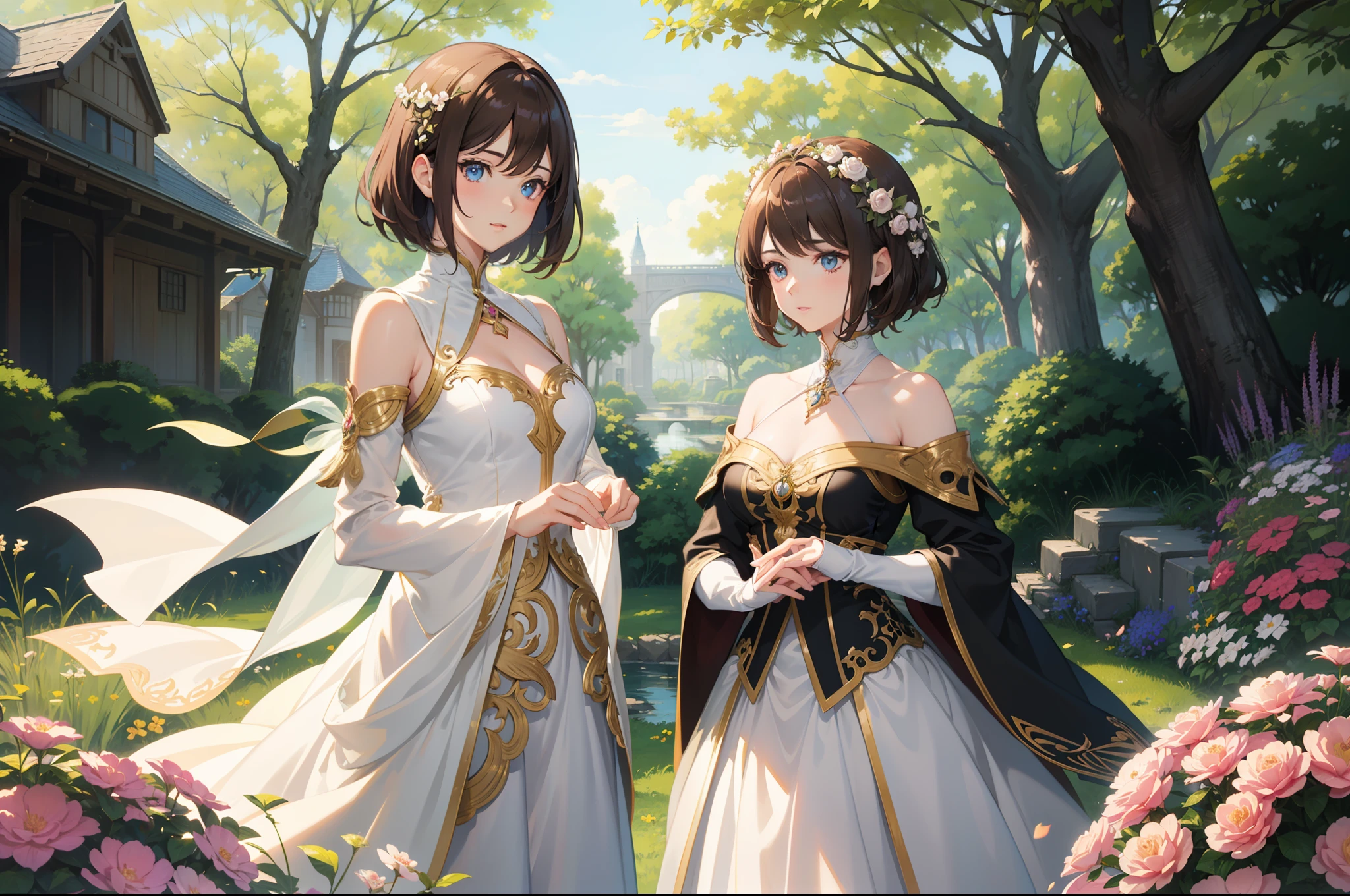 Official Art, Masterpiece European female face, short hair, lightbrown hair , brown eyes , flower garden , (masterpiece、top-quality、hight resolution: 1.4),in 8K, Drawing of a woman with short lightbrown hair, Anime Art Nouveau, highly detailed exquisite fanart, anime fantasy illustration, clean detailed anime art, detailed anime art, Sharp Focus, Delicate Beautiful Hair and Eyes and Face, realisitic, ultra-detailliert, a beauty girl, sunlight